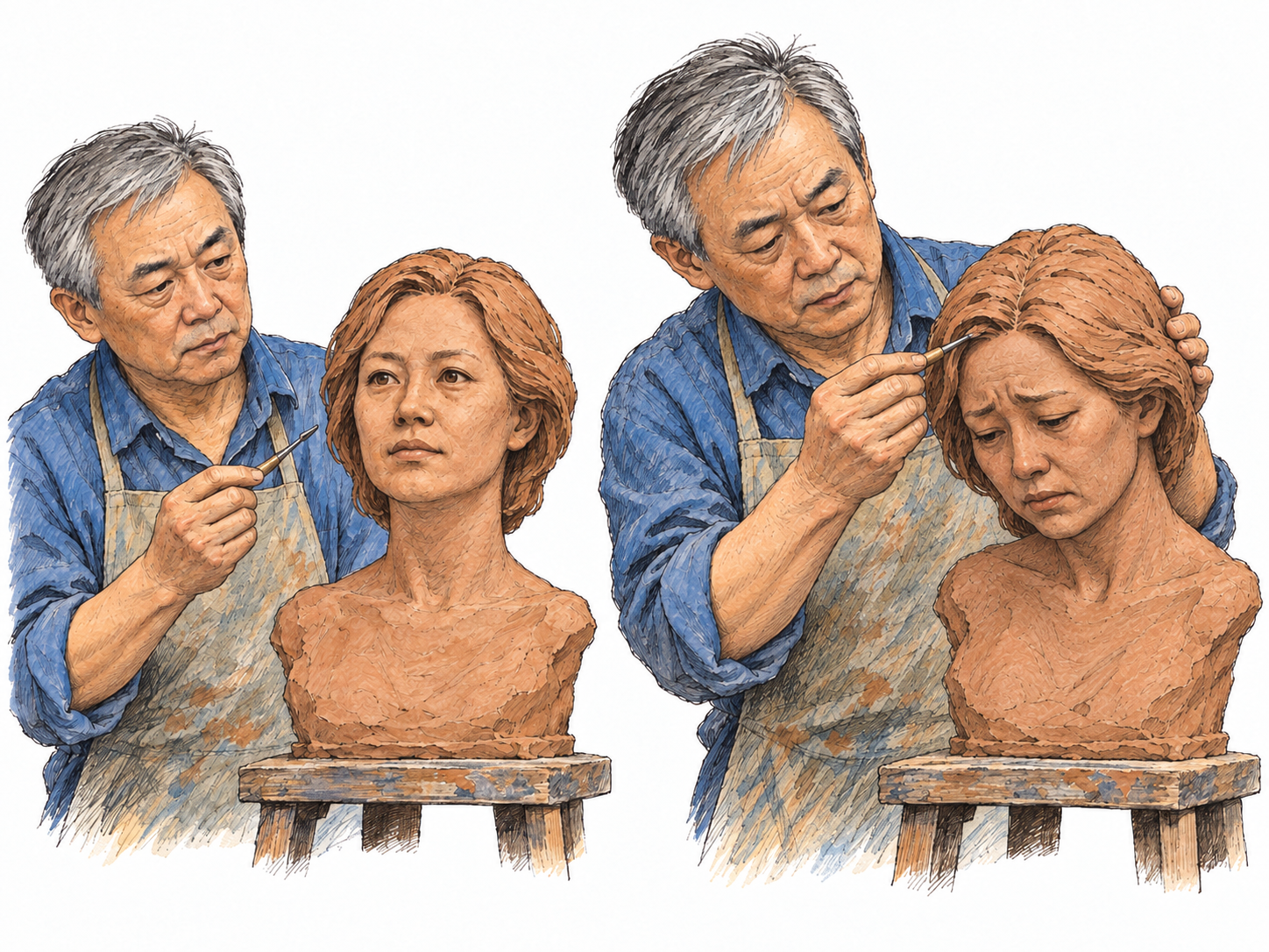 Imbue a sculpture with sorrow: a sculptor transforms an emotionally neutral clay face into one whose expression and entire posture convey grief.