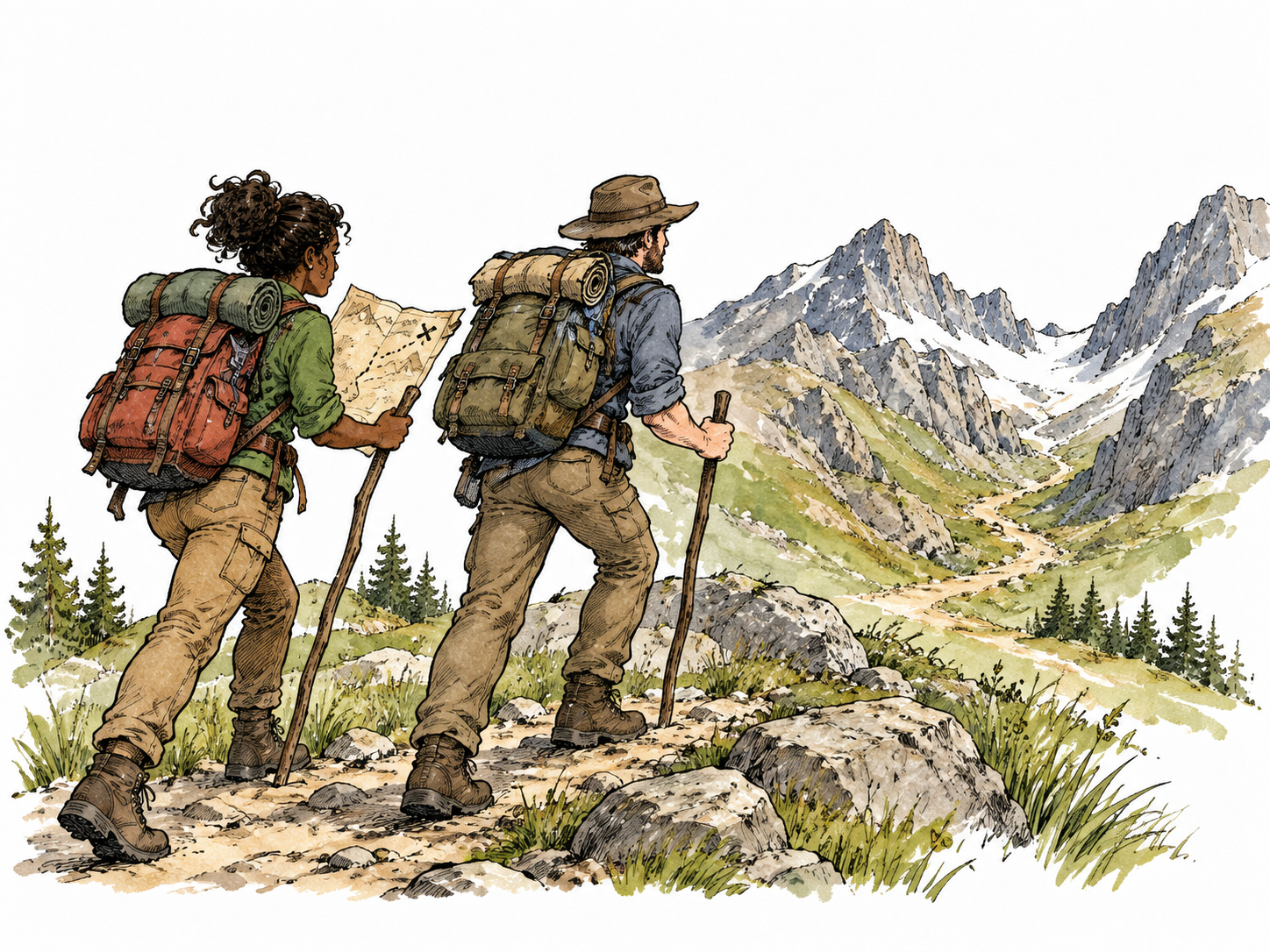 A determined diverse pair of travelers follows a worn map toward a distant mountain pass, long search.
