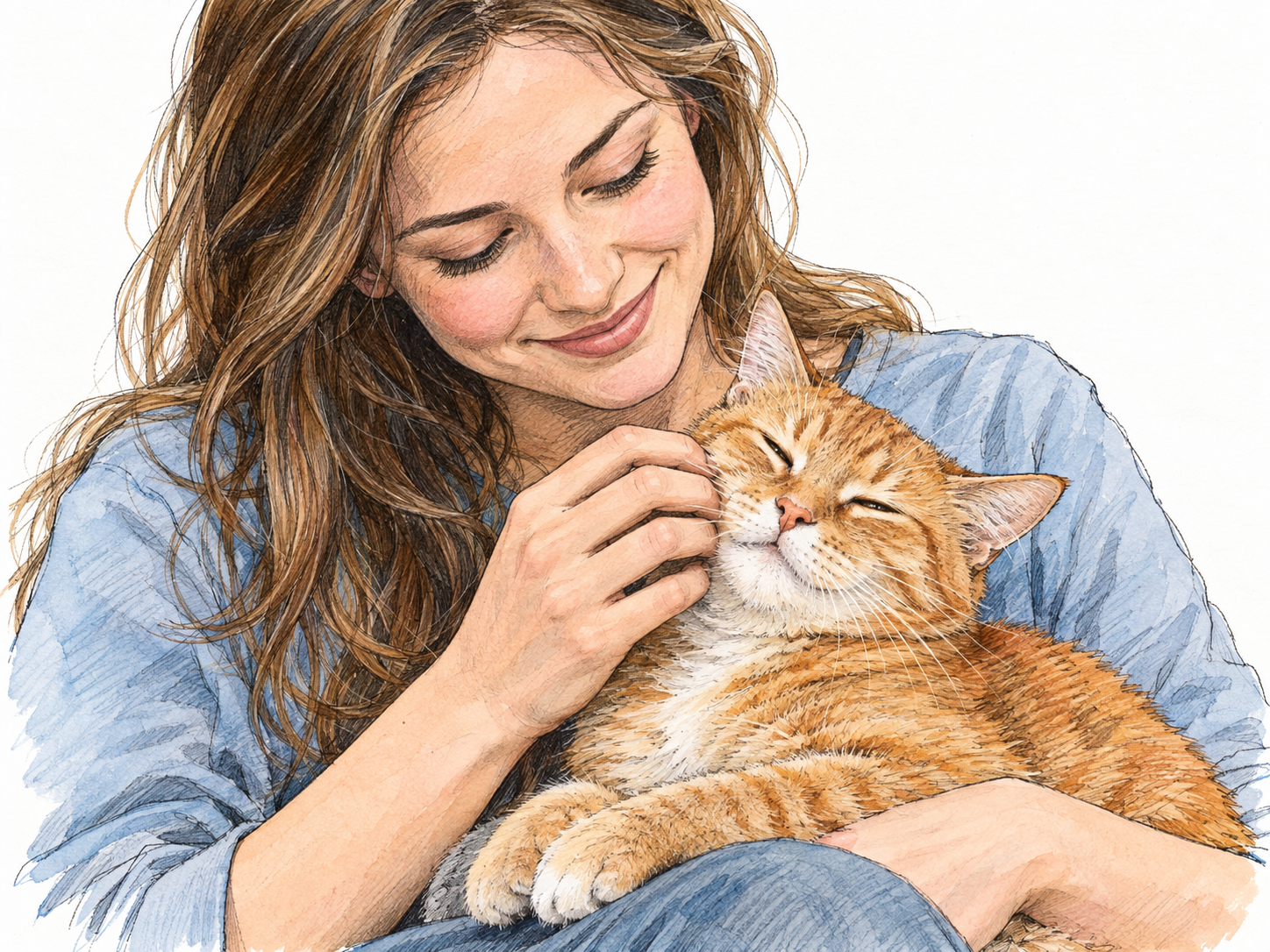 A young woman gently strokes her resting cat's cheek with relaxed fingertips while gazing at it affectionately; the cat leans into her touch with half-closed eyes.