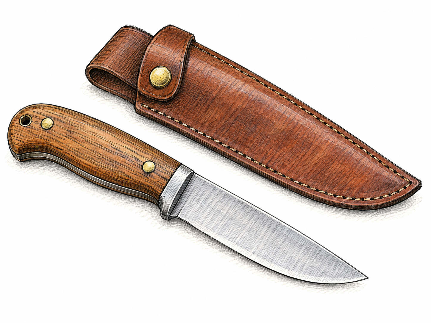 A plain utility knife rests beside its snug leather sheath, matching blade shape and enclosed protective form clear; no threatening context or brand text.