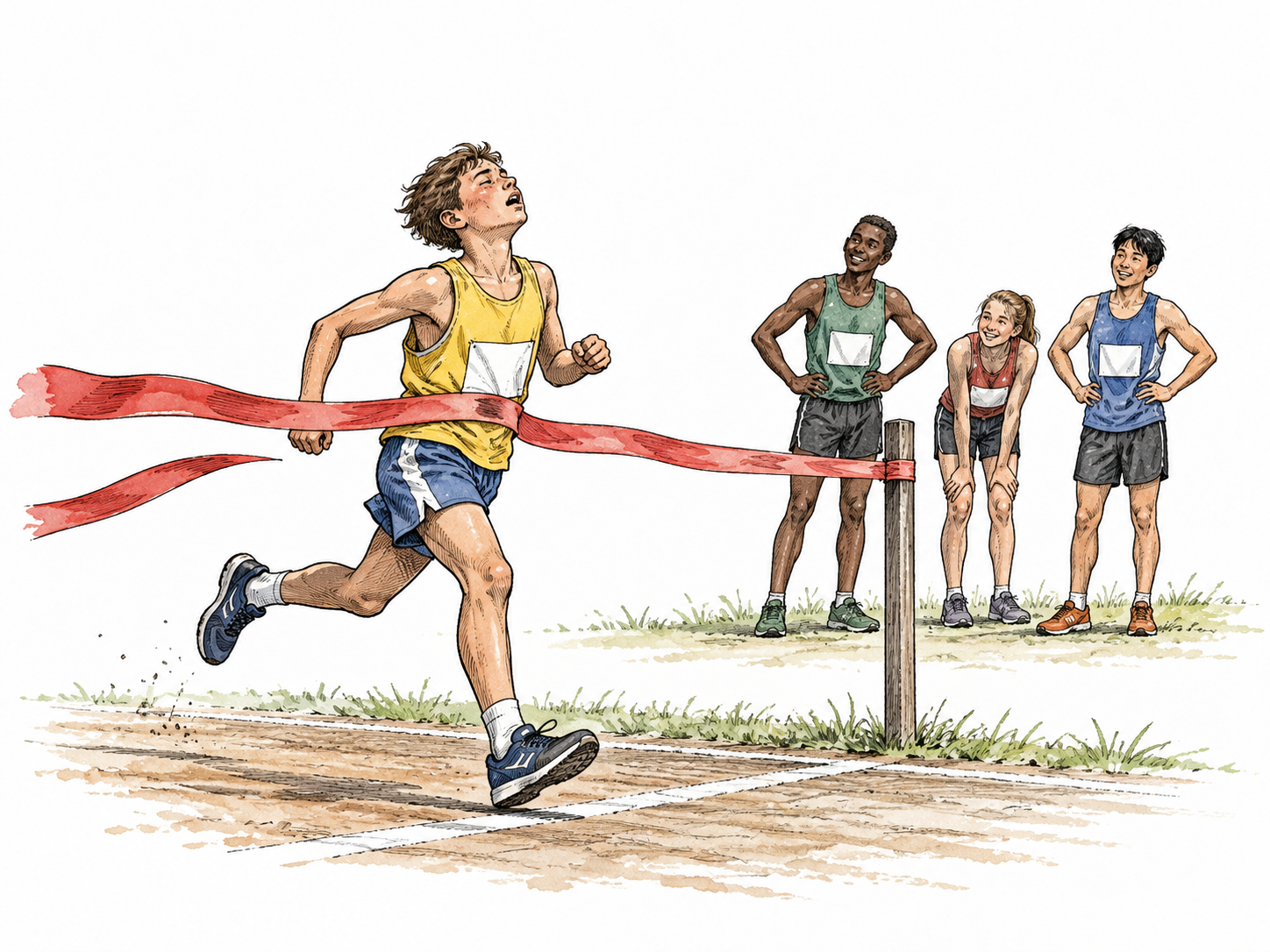 The final runner crosses a finish line while the other runners wait beyond it.