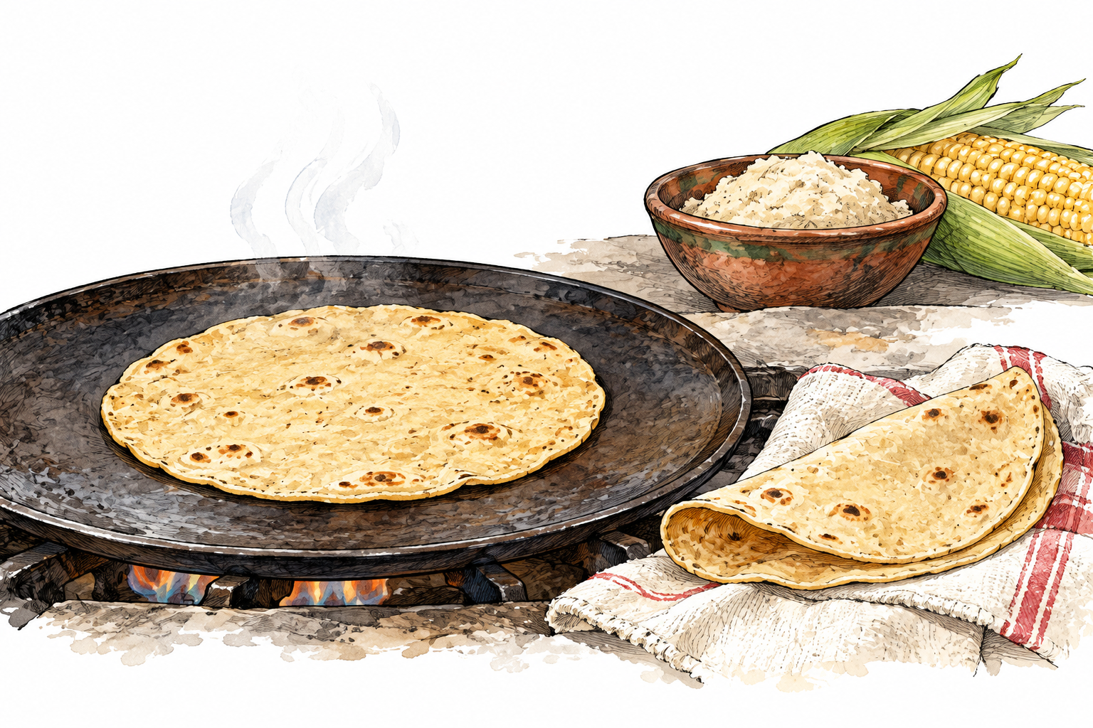 Thin round corn tortilla on griddle with a folded one nearby showing flexible flatbread, no writing.