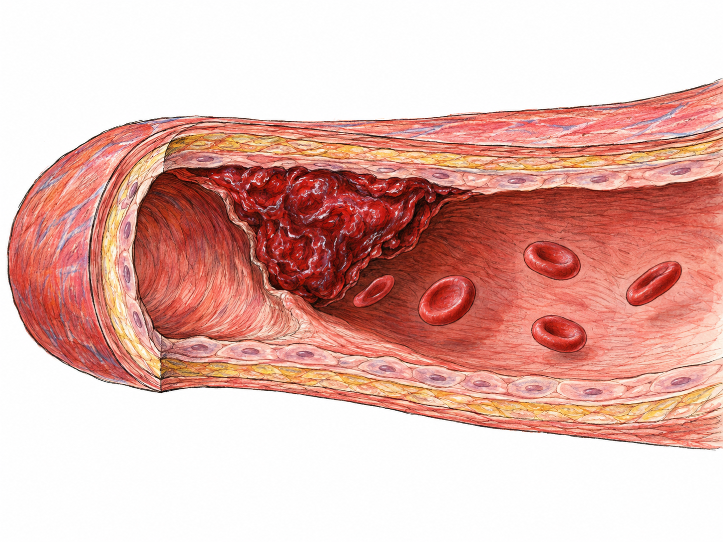 A close cutaway of a single blood vessel reveals a dark-red clot attached to its inner wall, narrowing the passage, with a few separate red blood cells in the remaining open channel.