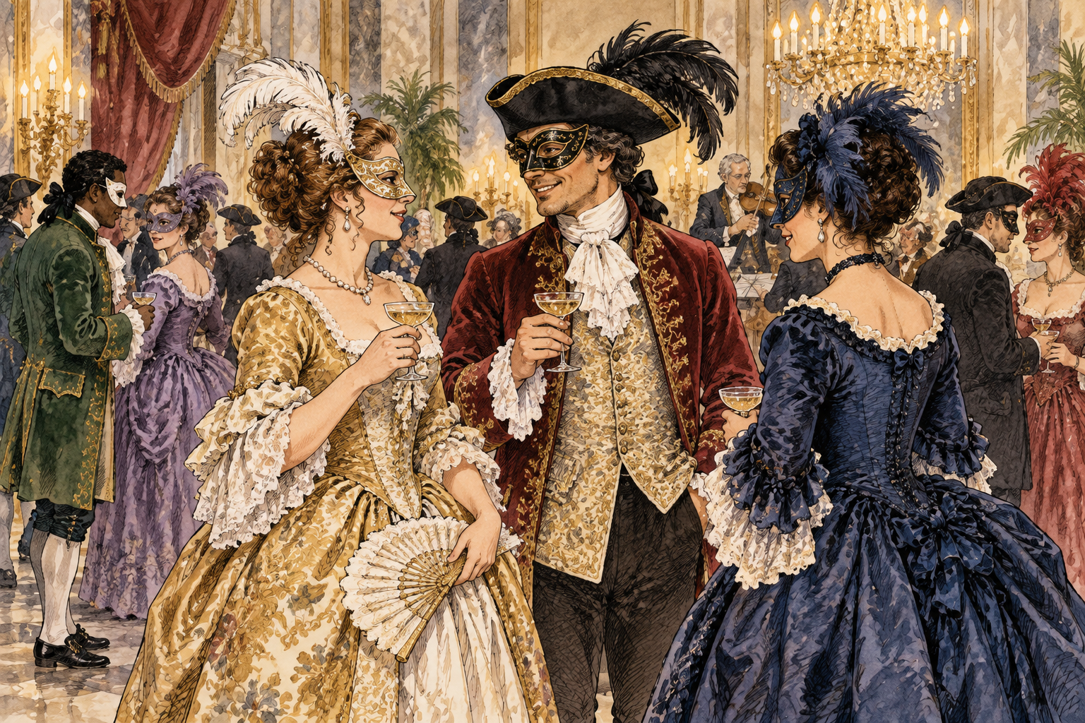 Adults in elaborate masked costumes mingle at a masquerade ball, tasteful historically inspired costumes, no signage.