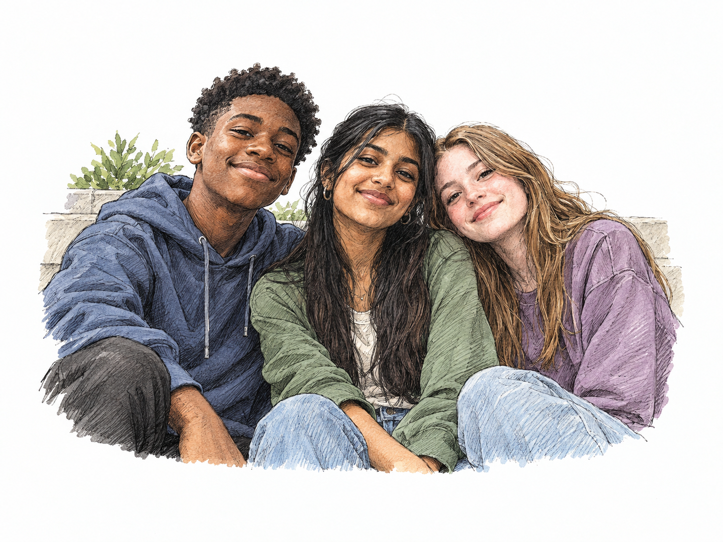 Three similarly aged teenagers sit together taking a casual group photo, shared age cohort rather than family generations, no device branding or text.