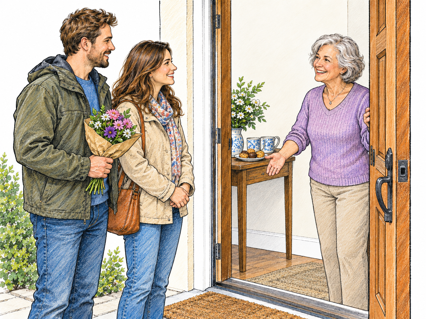 An older woman welcomes two arriving guests into her home, holding the door open and gesturing toward a table set for refreshments.