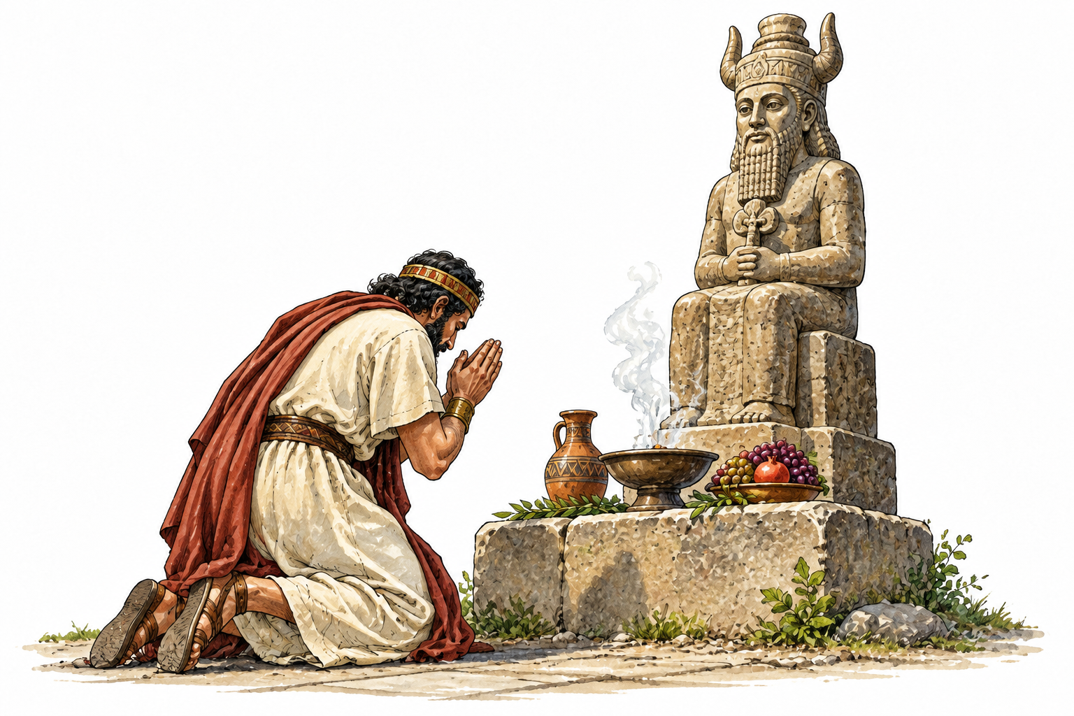 An ancient worshiper reverently kneels before a carved devotional statue, respectful religious depiction without caricature.