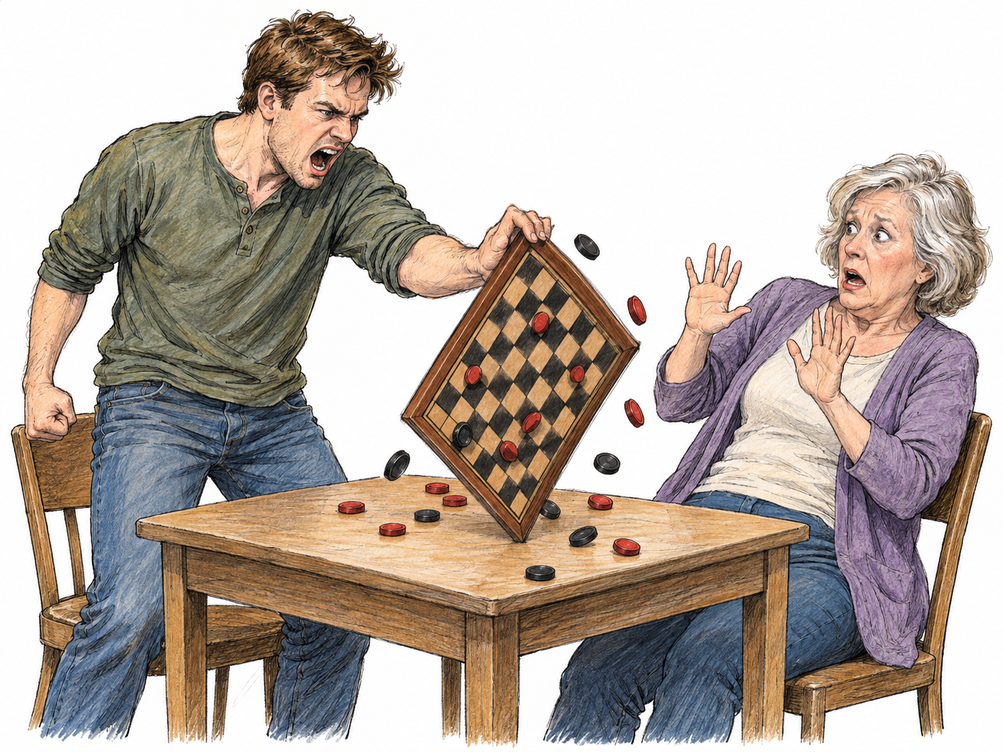 An angry man overturns a game board while another player recoils.