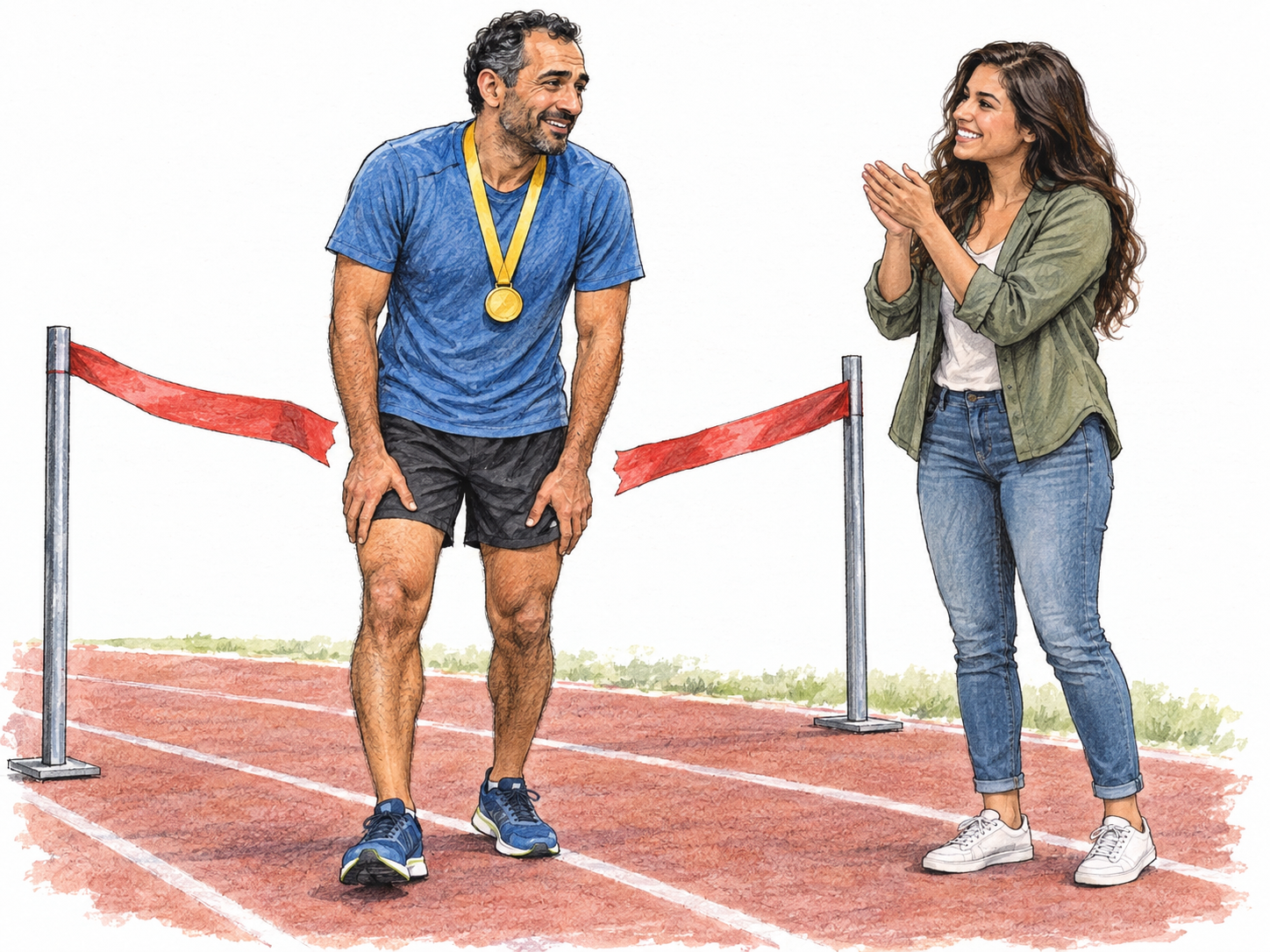 At a small race finish, a medal-wearing runner receives enthusiastic applause from a nearby spectator.