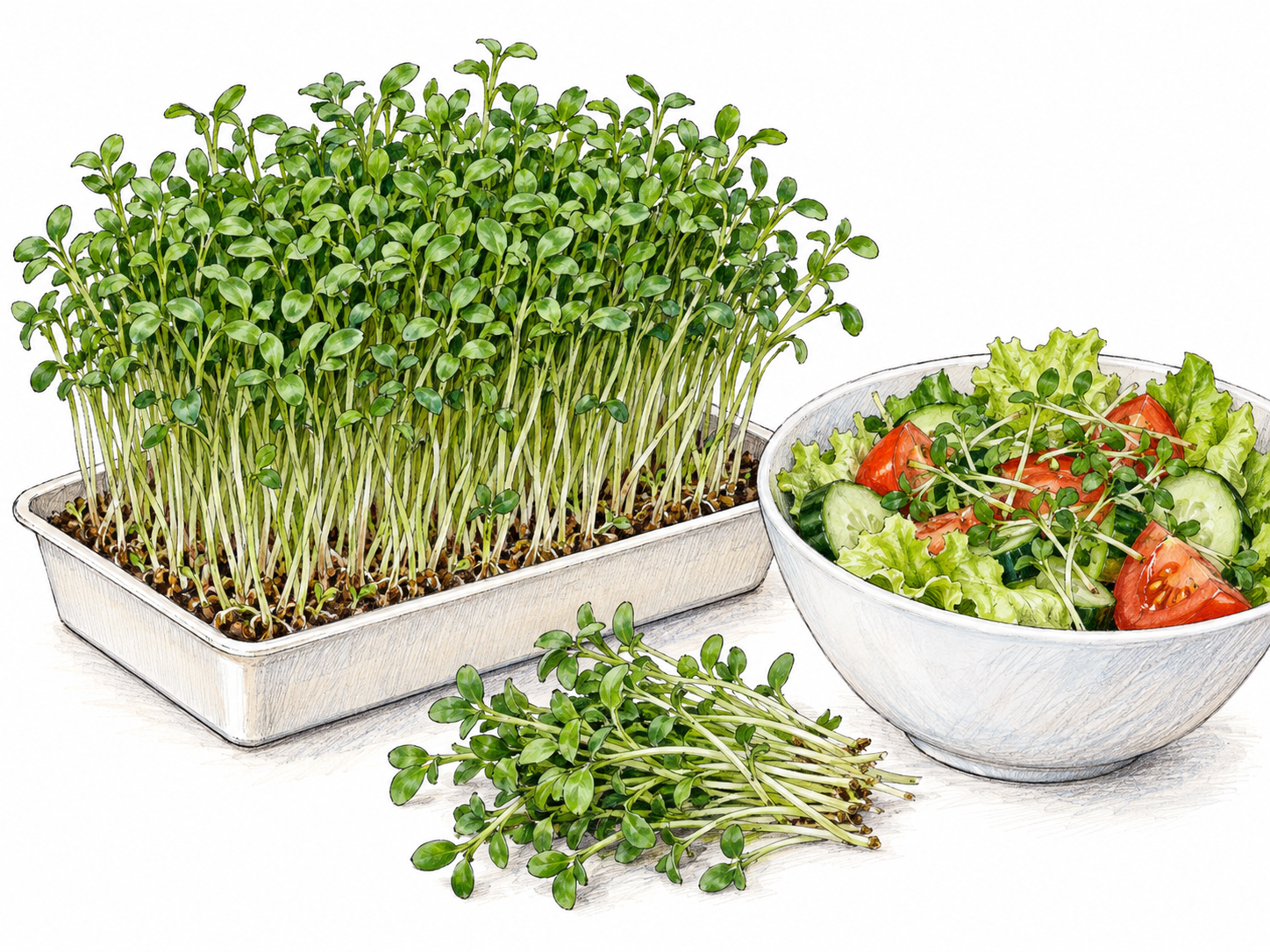 A close view of fresh garden cress growing in a shallow tray, with a small harvested bunch beside a simple salad topped with matching cress shoots.