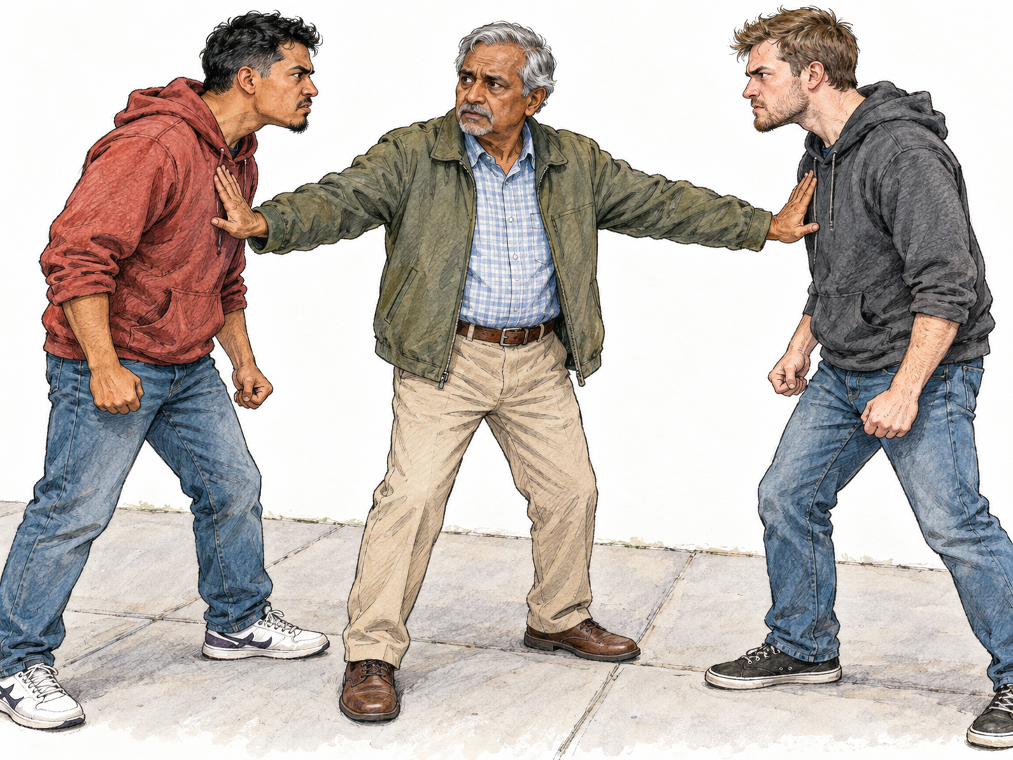 An older man steps between two young men in an escalating confrontation, visibly blocking their advance with open hands.