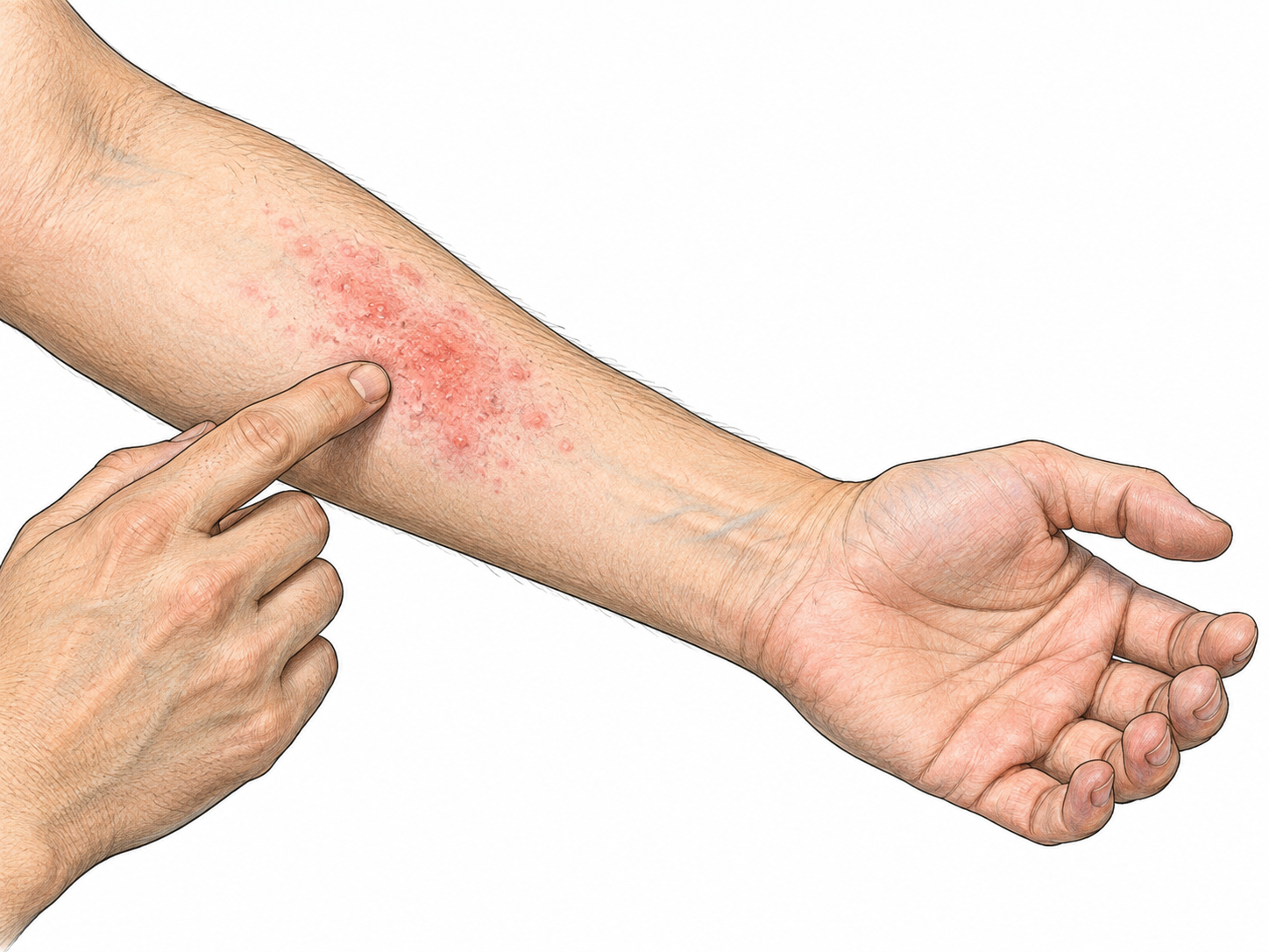 Close non-graphic adult forearm with small area of irritated red patches and mild bumps, other hand gently indicates affected region; no severe wound, labels or diagnosis.