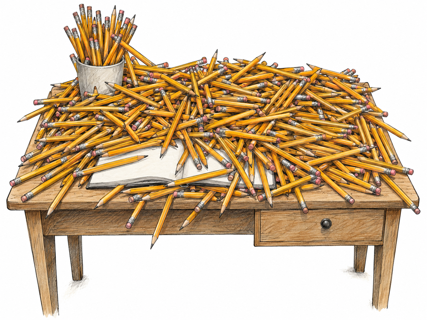 A small desk overwhelmed by an excessive number of pencils: an overfilled pencil cup surrounded by dense heaps of additional pencils that cover the workspace and spill over its edge.