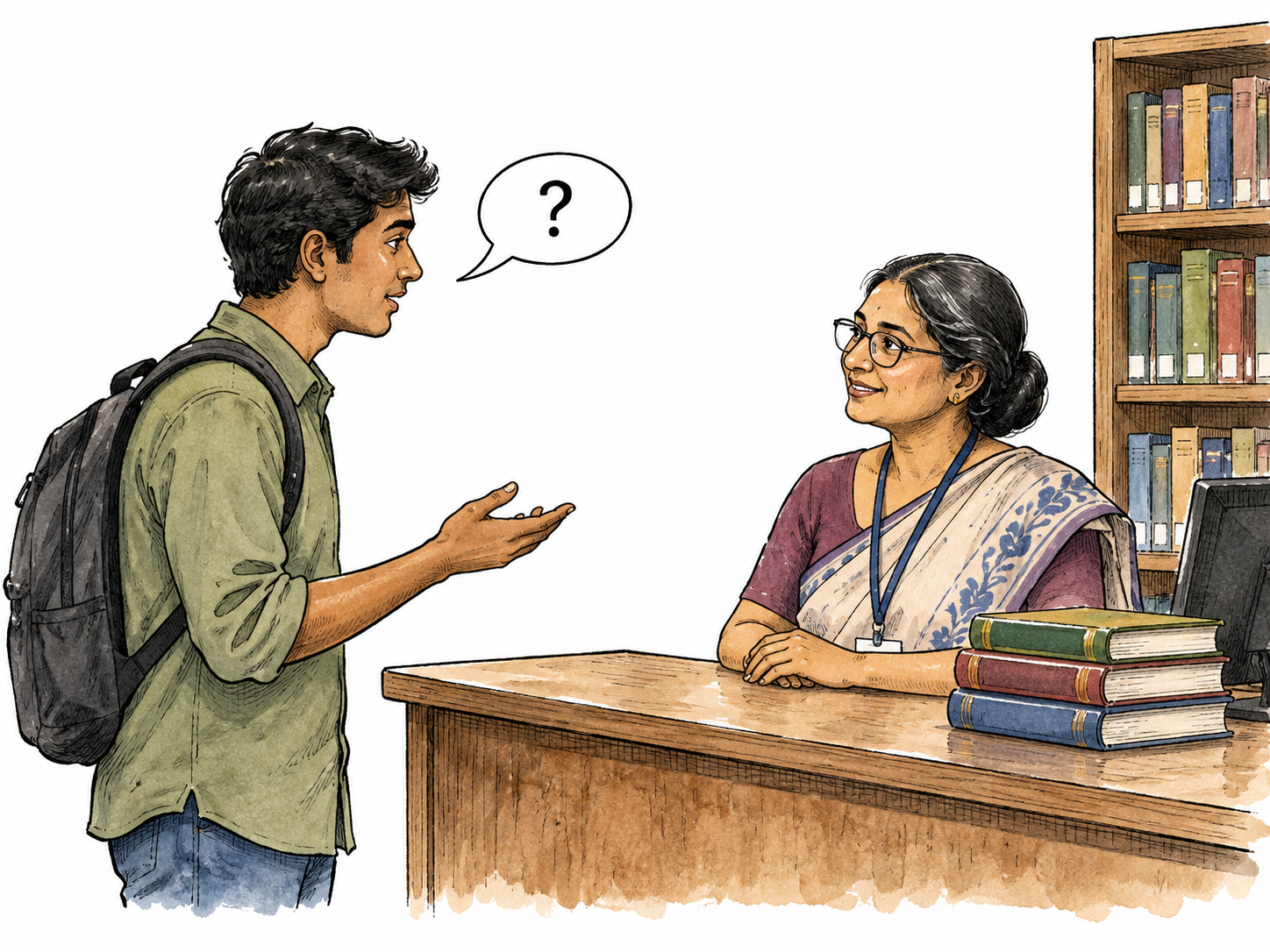 A South Asian customer politely asks a librarian for a particular book, small speech bubble with a question mark.