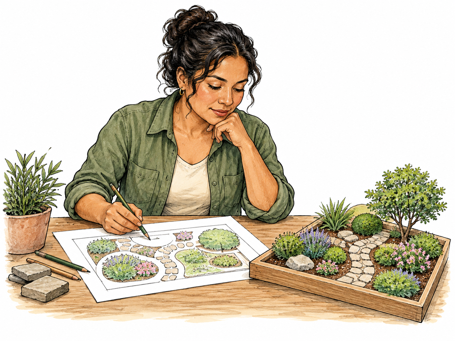 An adult studies a clear overhead arrangement for a small garden before planting, paper diagram with paths and bed outlines matching miniature garden model, detailed intended arrangement, no words.