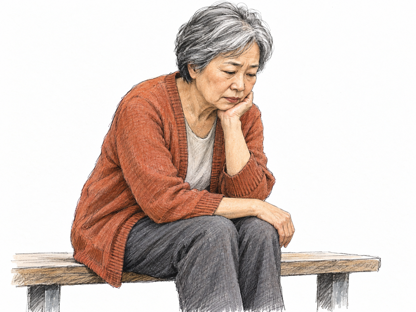 A woman seated quietly on a simple bench, elbow on knee, chin resting gently against one hand, eyes lowered and brow subtly furrowed in serious reflective thought.