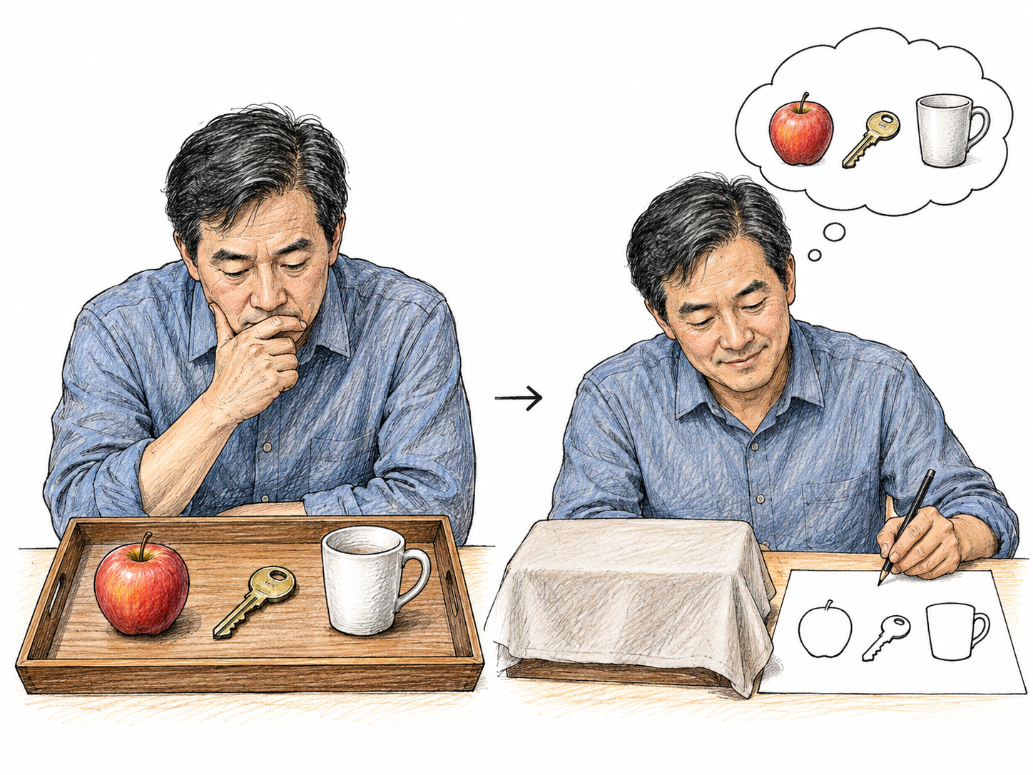 An adult studies three small distinct objects on a tray, with a second adjacent scene showing that same adult accurately recalling their arrangement and drawing their simple silhouettes after the tray is covered.