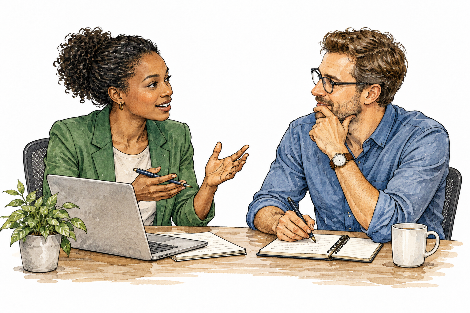 Two colleagues exchange information face-to-face with attentive listening and shared notes.