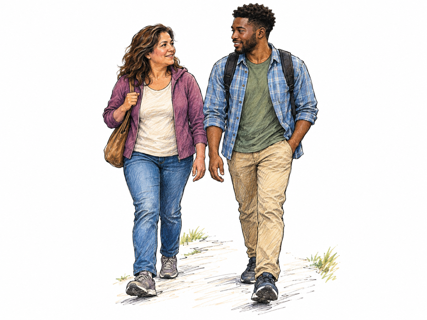 Two adult companions walk side by side along a short path, visibly keeping pace and engaging with each other rather than merely passing.