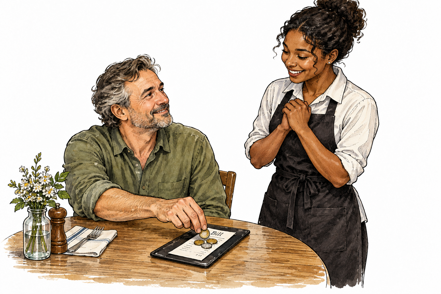 A customer leaves a few extra coins beside a restaurant bill after good service, voluntary gratuity.