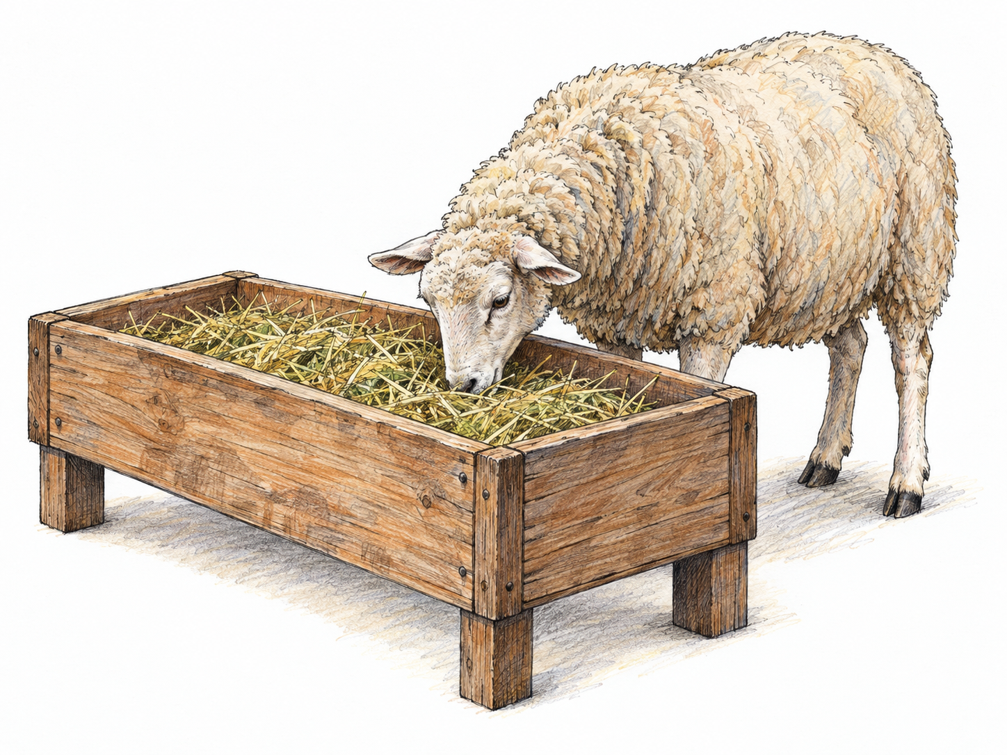 A simple wooden livestock feeding trough filled with hay, with one sheep eating from it; the open trough remains the dominant subject.