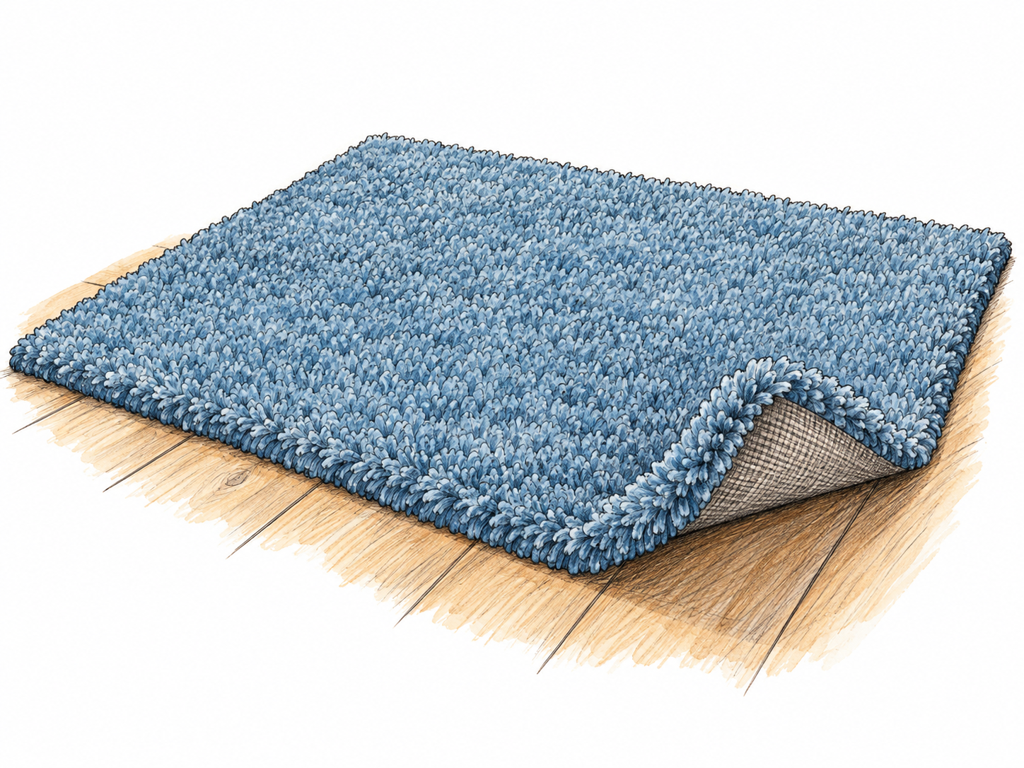 A thick tufted carpet spread across a small section of wooden floor, with one corner gently curled to reveal its substantial pile and backing.