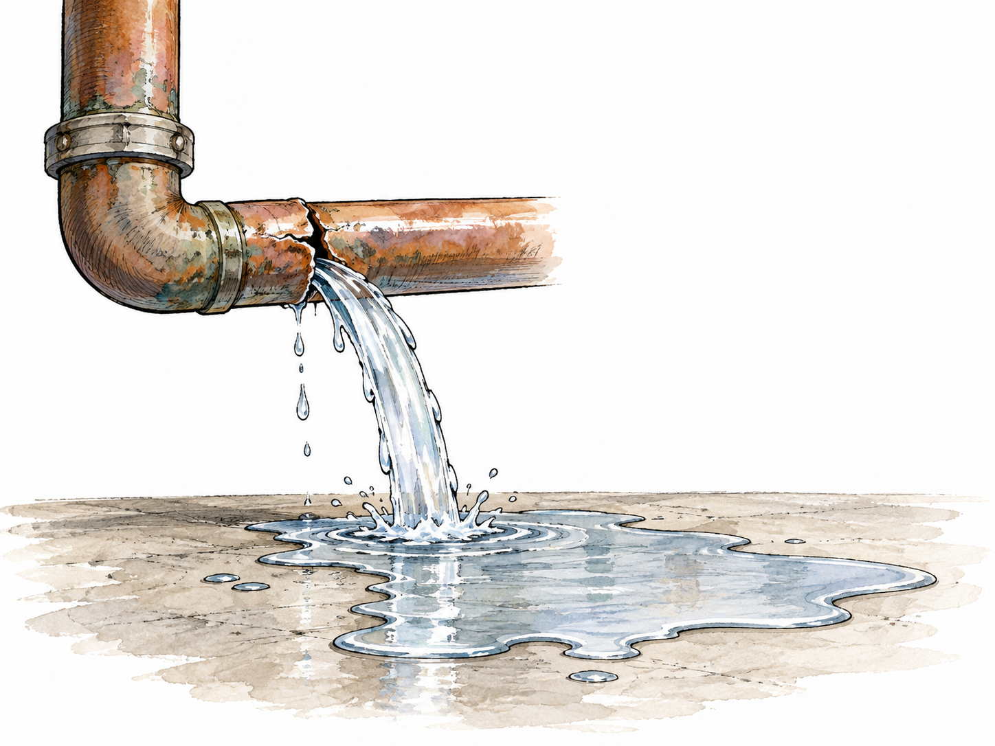 A broken pipe produces a spreading puddle on the floor, clear cause and resulting effect.