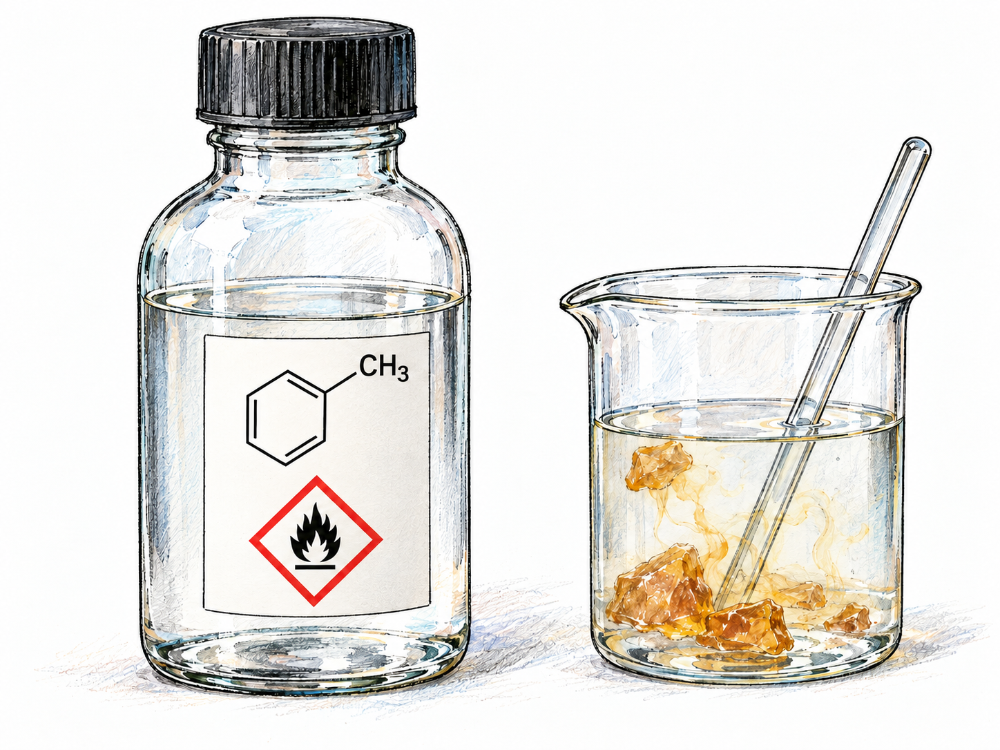 A laboratory solvent bottle containing a colorless liquid, identified by a compact toluene structural formula and a flammability pictogram, beside a beaker in which the liquid is dissolving resin.