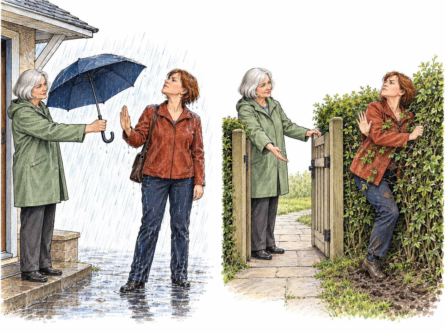 A compact two-scene illustration shows the same woman pointedly rejecting two obvious, harmless conveniences: an offered umbrella in heavy rain and an open garden gate beside a muddy route through the hedge.