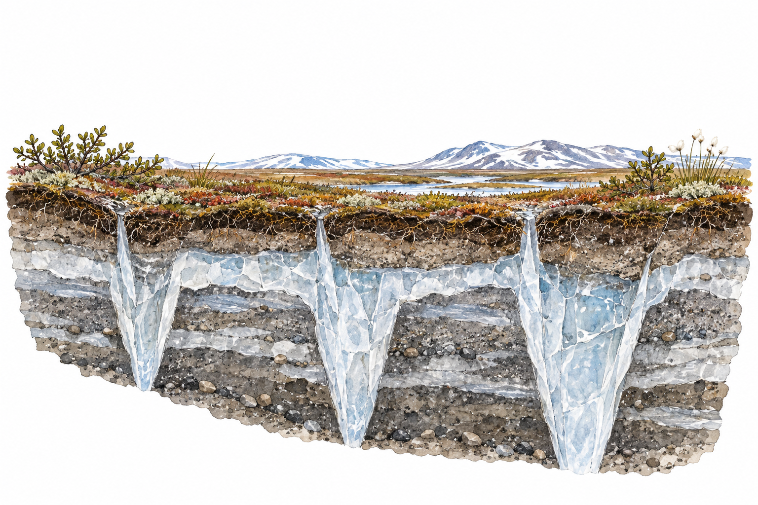Arctic tundra ground cutaway with deep permanently frozen soil and ice wedges beneath thin summer vegetation, no labels or arrows.