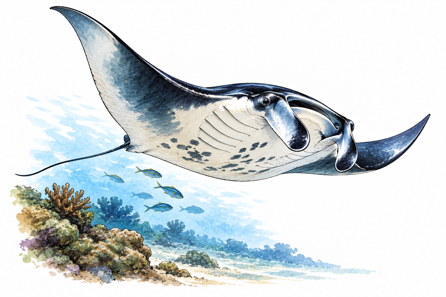 Manta ray glides underwater with broad winglike pectoral fins and cephalic lobes.