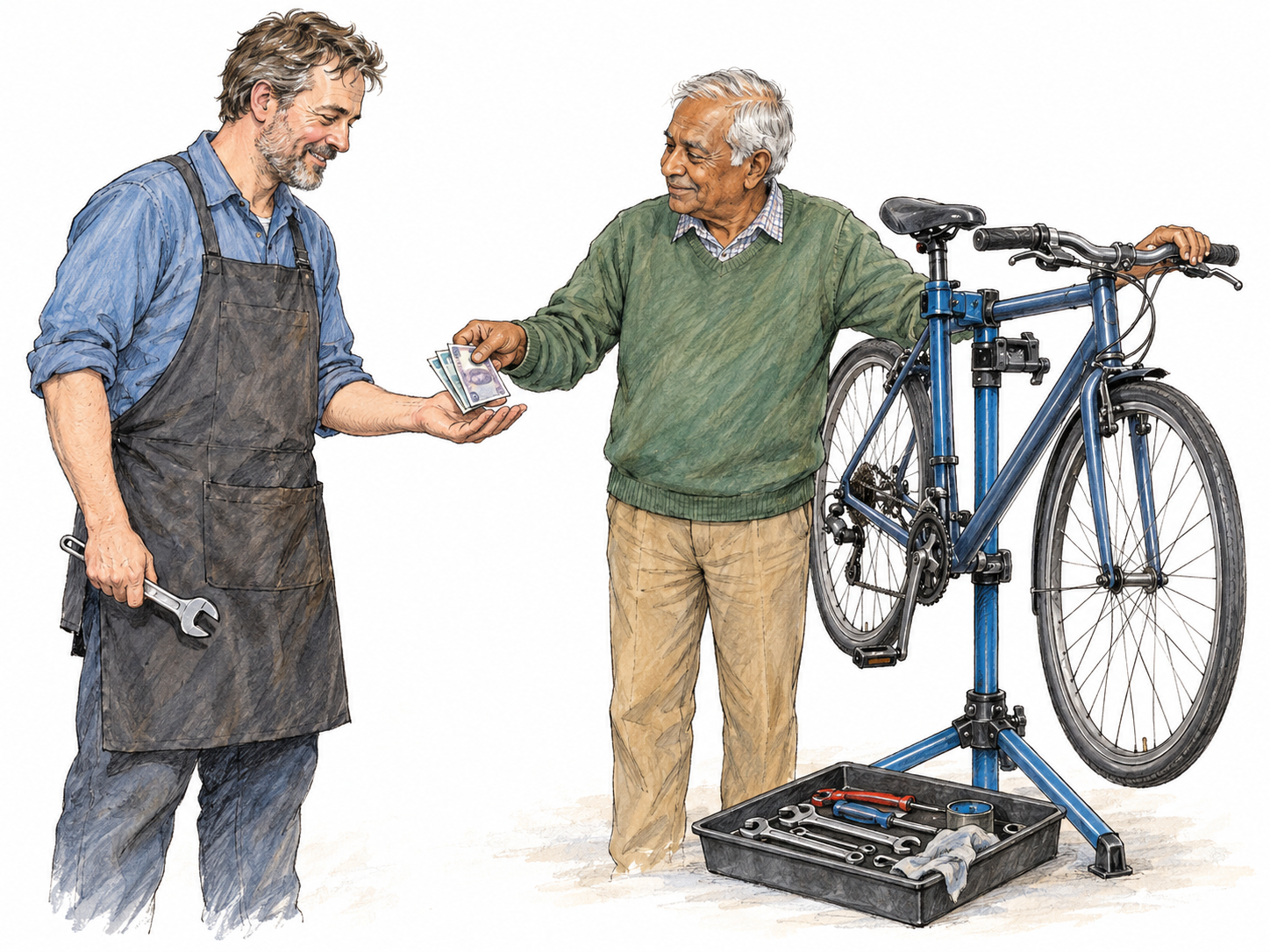 A bicycle repairer receives cash from a customer beside the repaired bicycle, with a repair stand and open tool tray making the paid service visible.