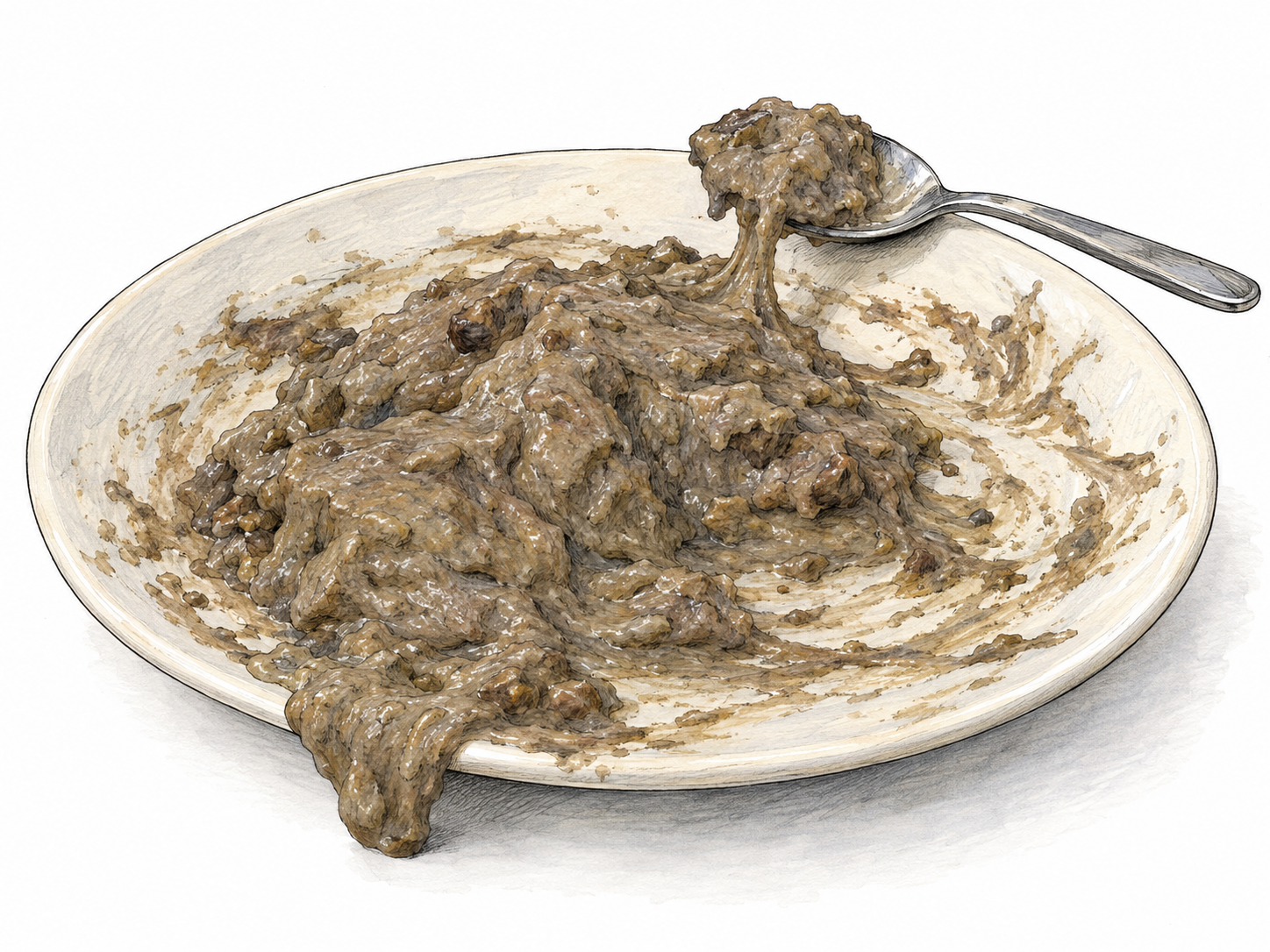 An unappetizing mound of thick gray-brown sludge slumps across a plain plate, with uneven lumps, sticky folds, and messy smears.