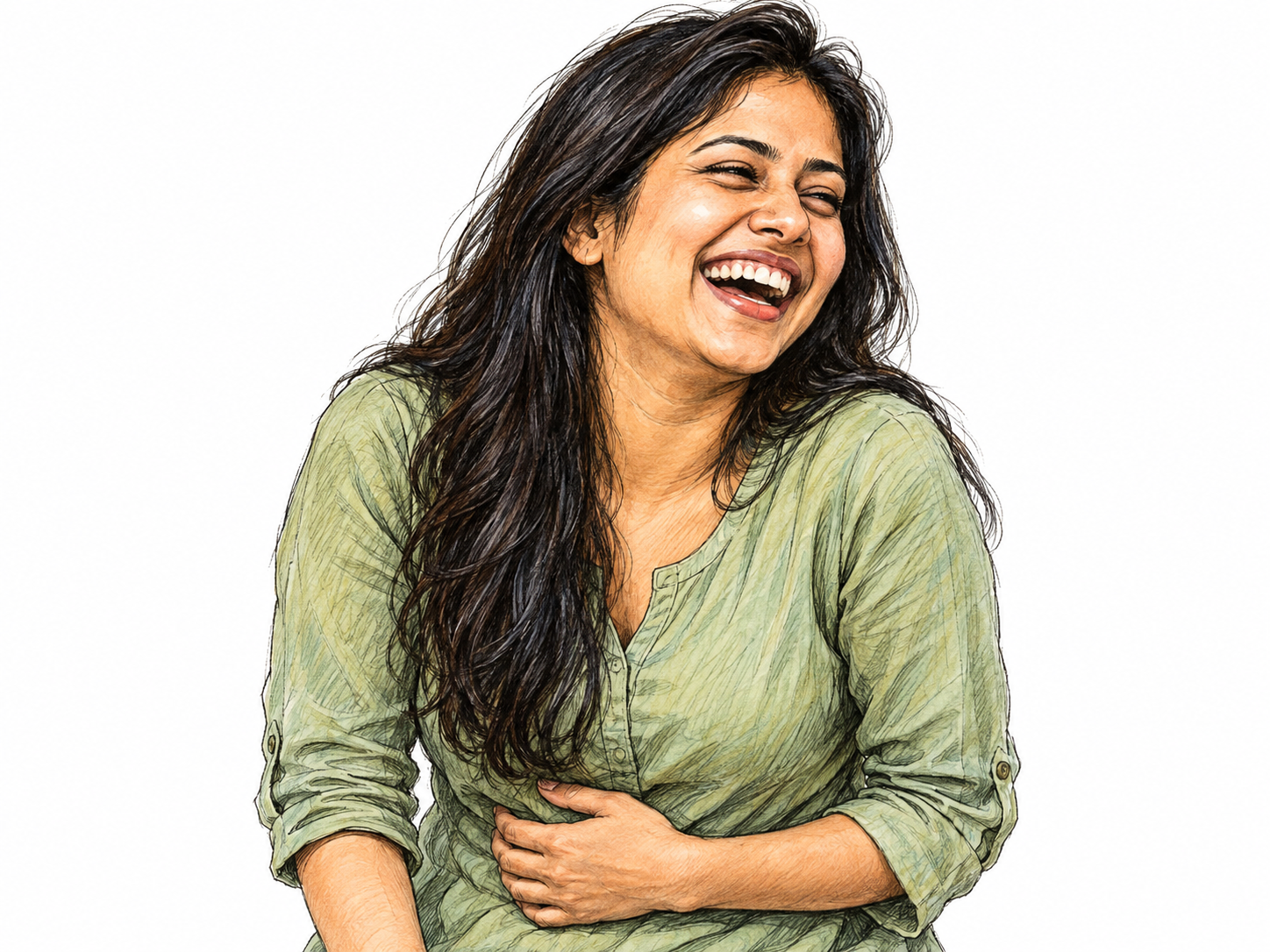 A young woman caught in hearty laughter, leaning slightly forward with an open joyful mouth, lifted cheeks, crinkled eyes, and one hand resting on her belly.
