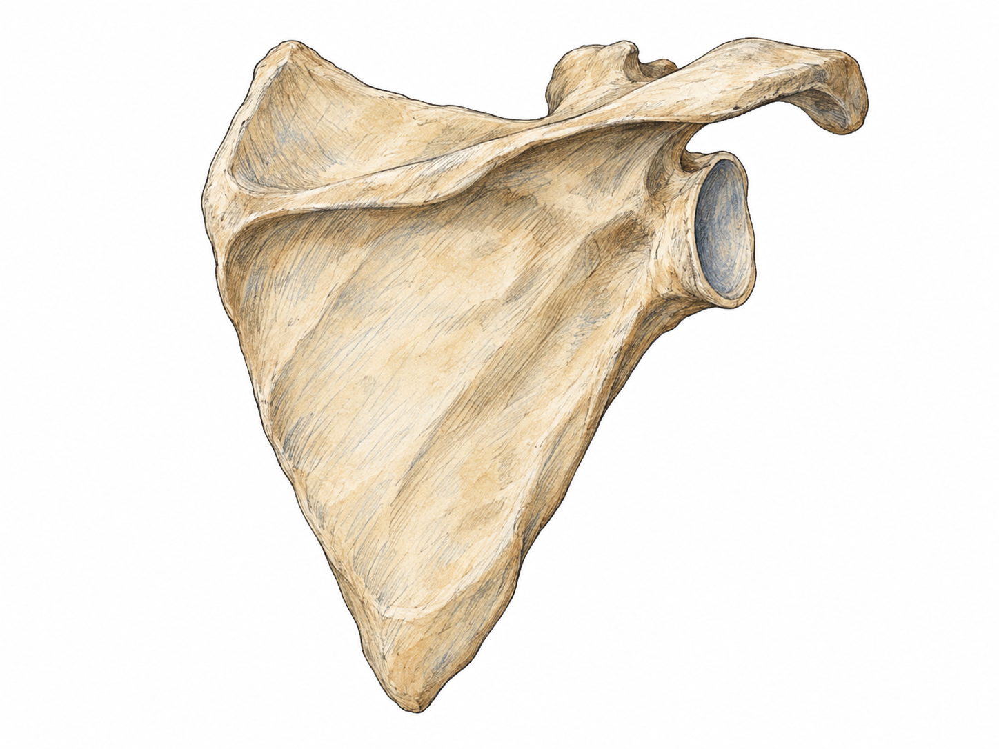 An isolated human scapula shown from the back, clearly displaying its flat triangular blade, prominent scapular spine, acromion, and lateral shoulder socket.