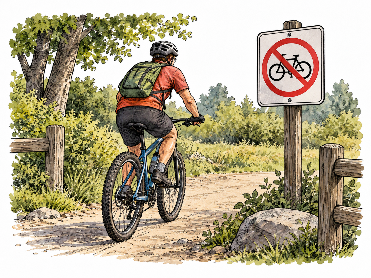 A cyclist rides past a clear no-bicycles sign, breaking a stated rule.