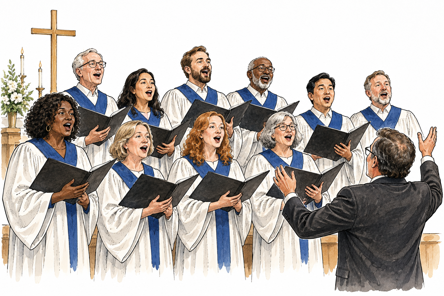 Modern mixed adult church choir singing together in robes with conductor, no lettering on music or walls.