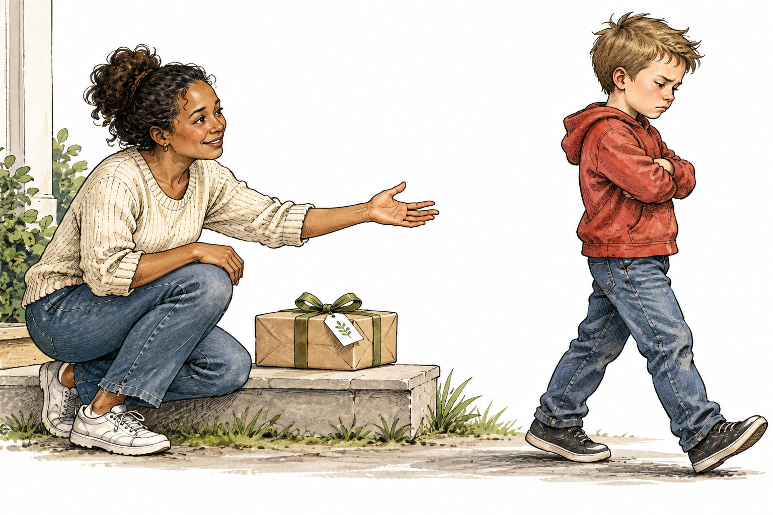 A recipient leaves an unopened thoughtful gift aside and ignores the giver, clear failure to appreciate kindness.