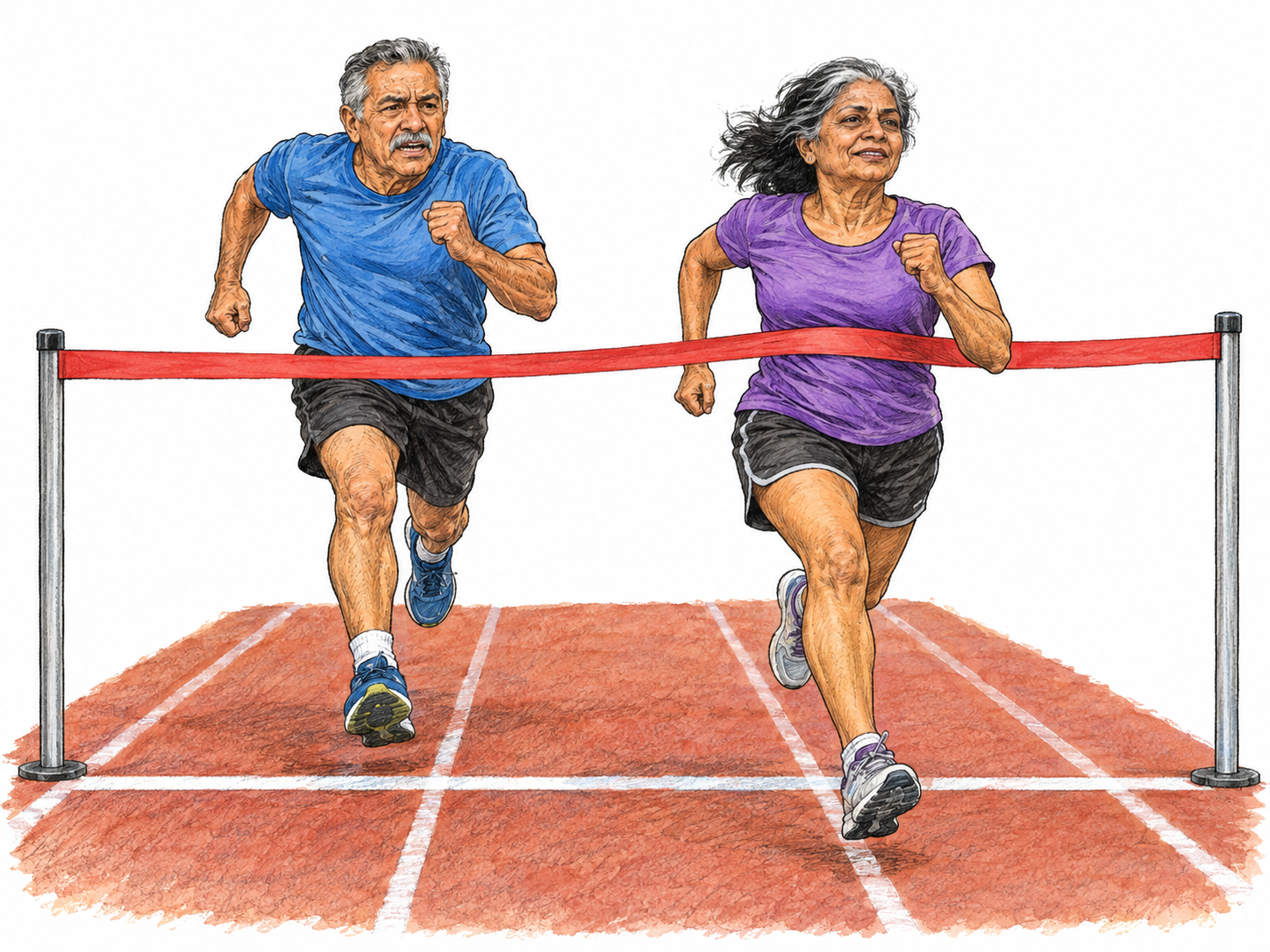 Two older adult runners sprint side by side toward a finish tape on a marked running track, clearly competing to cross first.