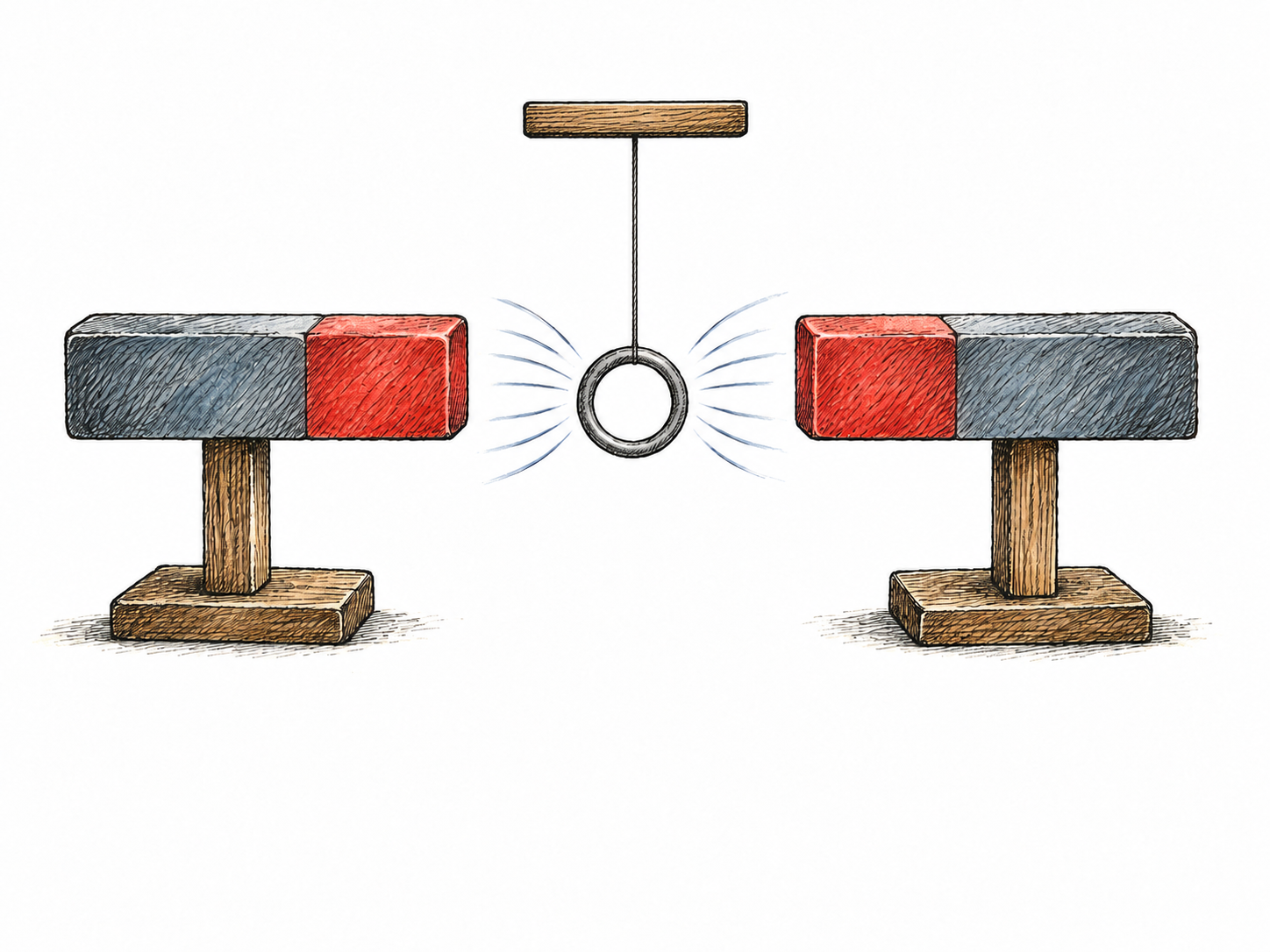 Two equal opposing magnets pull on the same small iron ring in opposite directions so ring remains centered, balanced effects cancel; only subtle force lines, no letters or equations.