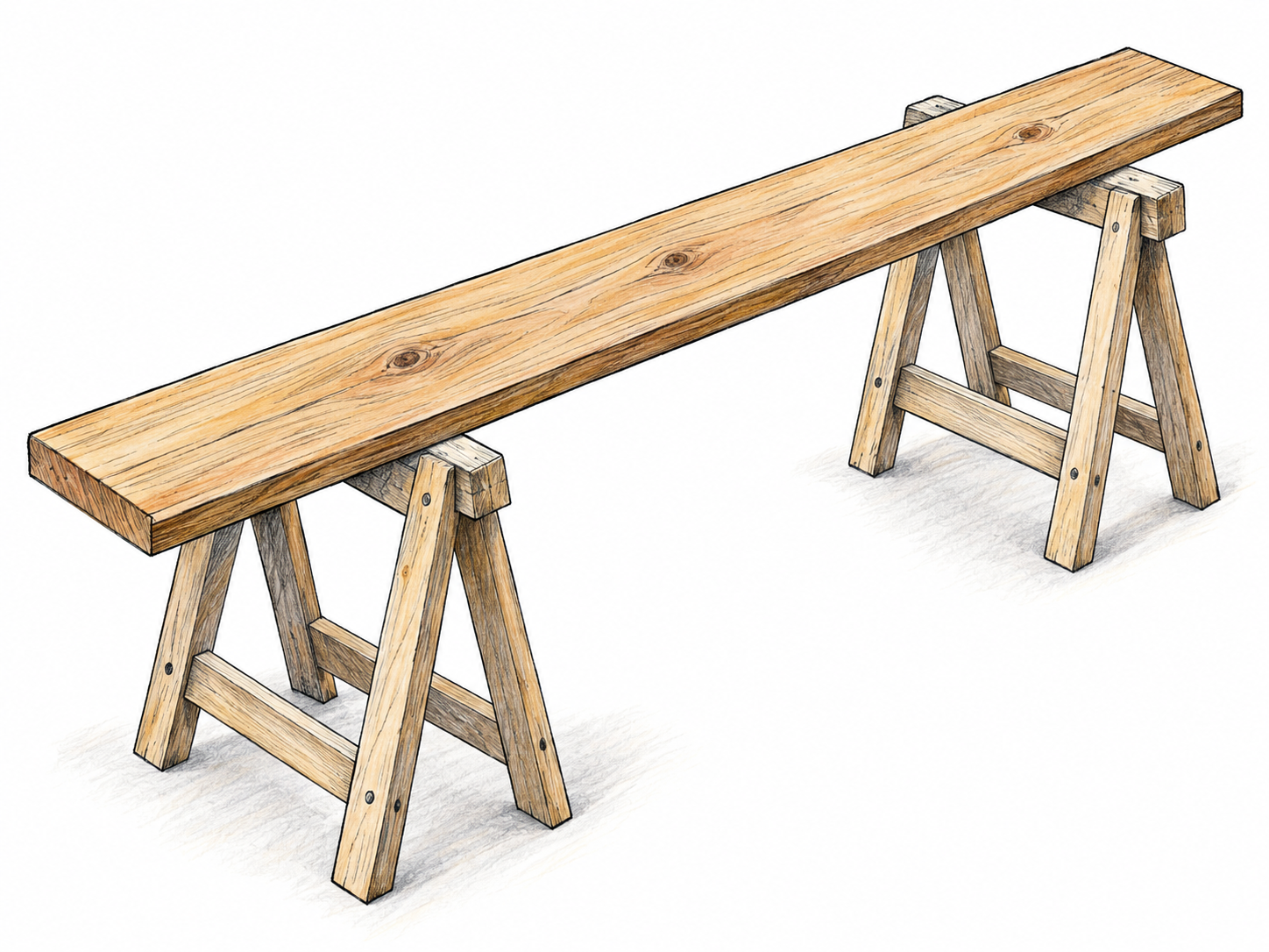 A long, flat wooden plank resting diagonally across two simple construction sawhorses, with its broad face, narrow thickness, squared ends and natural wood grain clearly visible.
