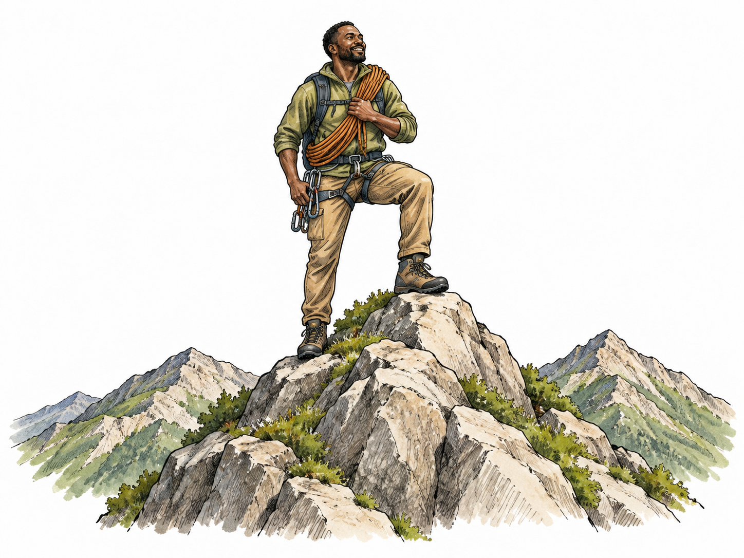 A climber stands proudly on the highest summit of a small clear mountain cluster, lower ridges around, sensible clothing and rope.