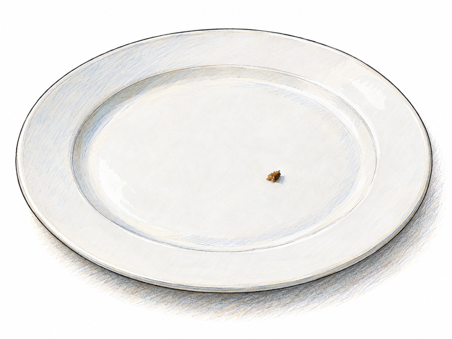 A clean white ceramic plate with one tiny dark crumb on its otherwise empty surface; the plate establishes how very small the bit is.