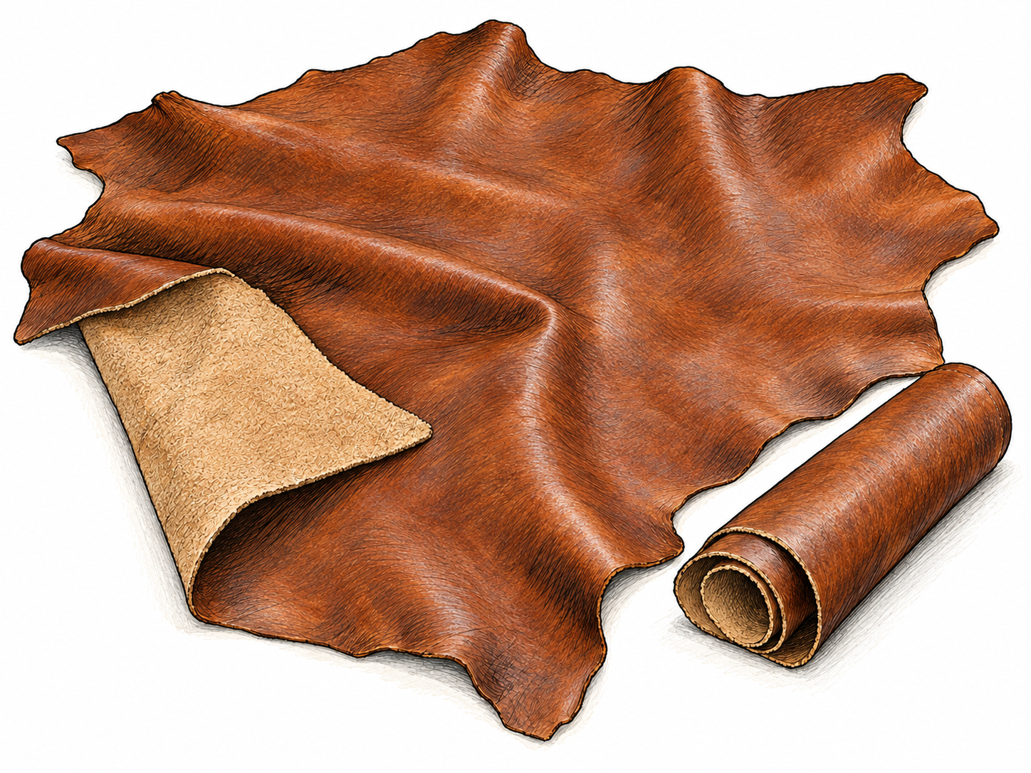 A supple piece of tanned brown leather with an irregular hide-shaped outline, one corner folded back to reveal its suede underside, alongside a small roll of the same material.