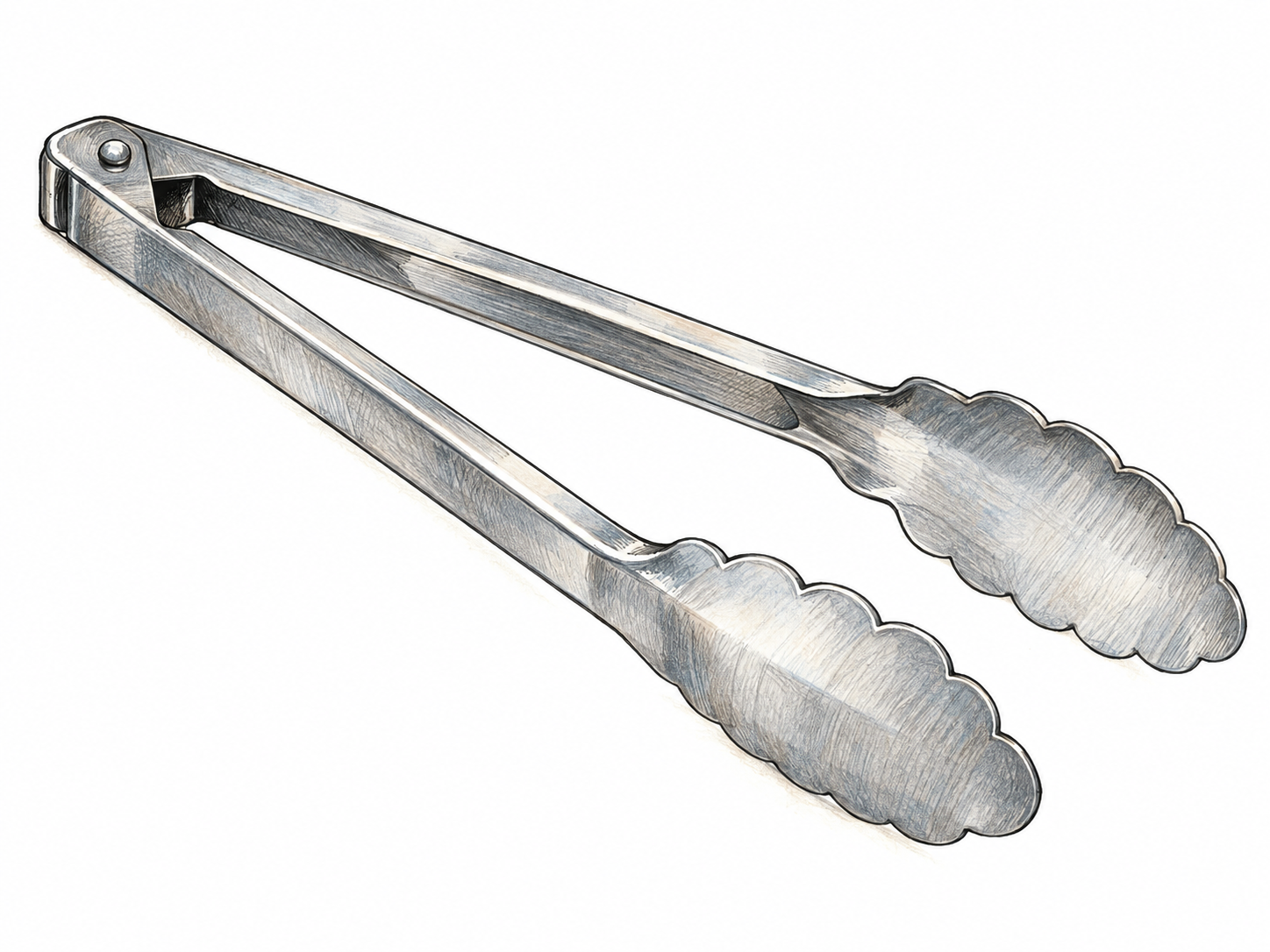 A single pair of stainless-steel kitchen tongs, shown diagonally with its two arms slightly open and scalloped gripping jaws clearly visible.