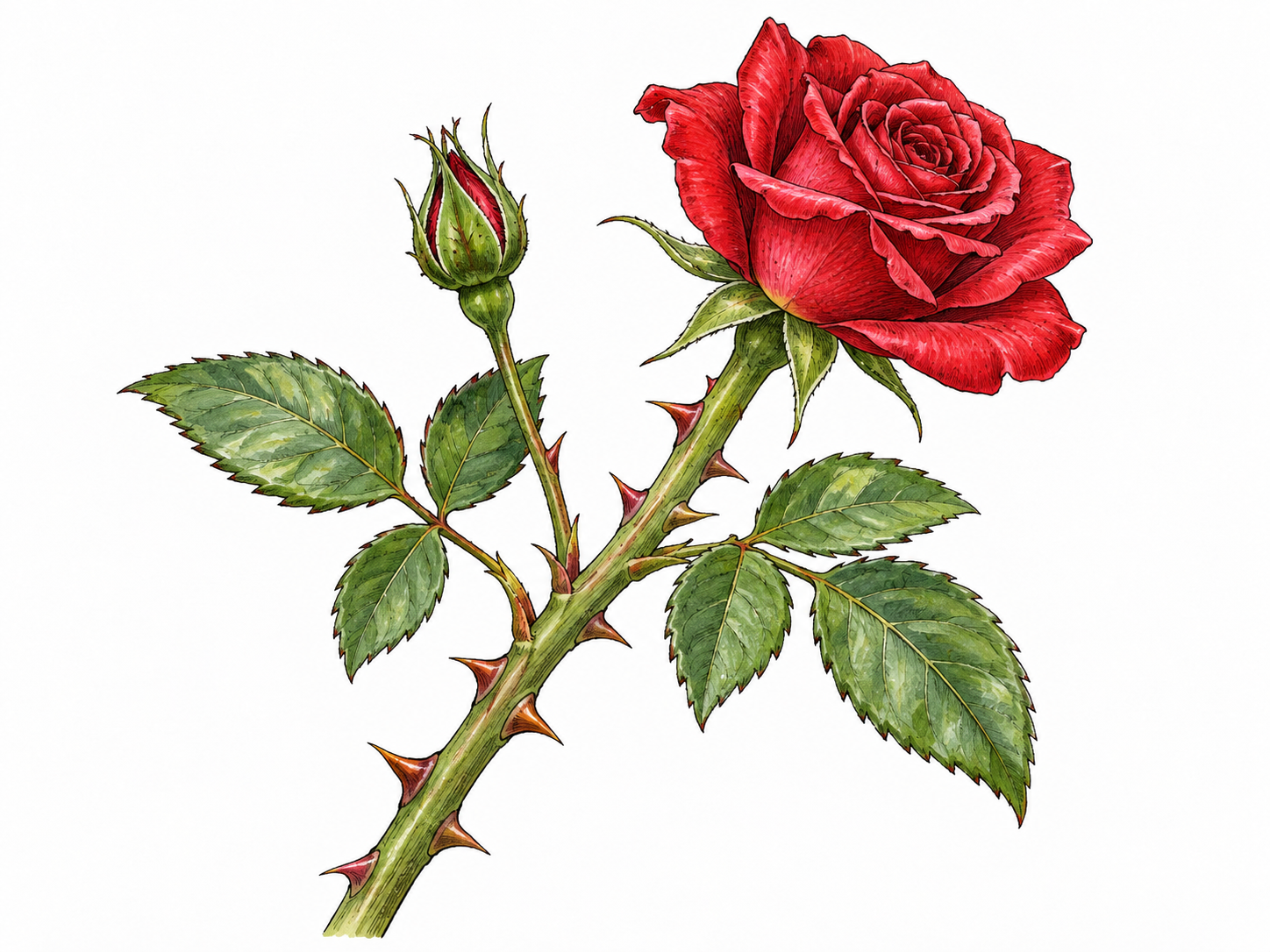 A rose stem with thorns growing naturally from stem, inherent thorniness shown as integral structure.