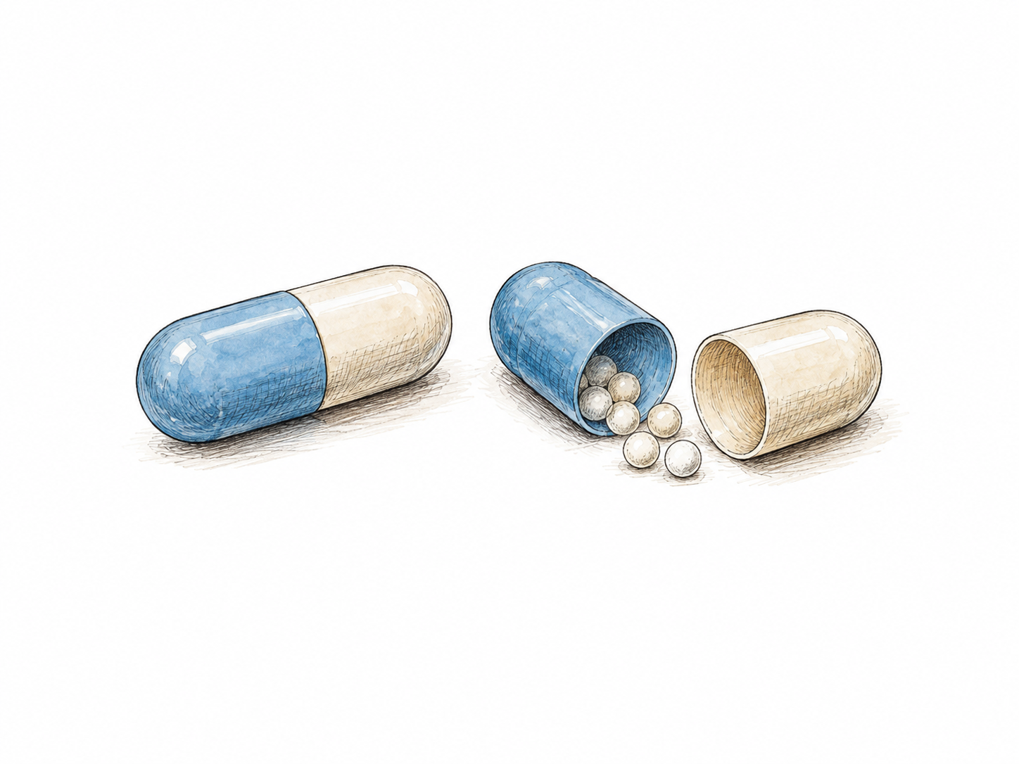 An isolated medicinal capsule with one pale blue half and one cream half beside the same type separated into its two hollow shell halves, a few small neutral pellets visible inside.