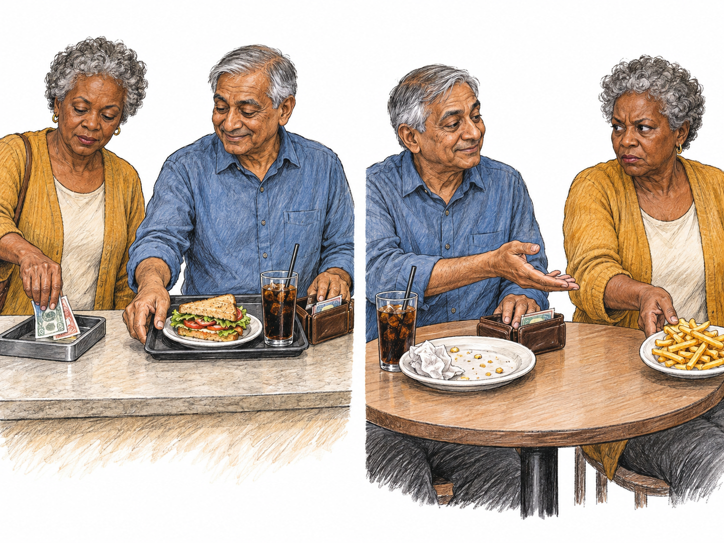 A compact two-moment café sequence shows a comfortably equipped diner letting his companion buy his meal, then asking for her food as well while keeping his own money.