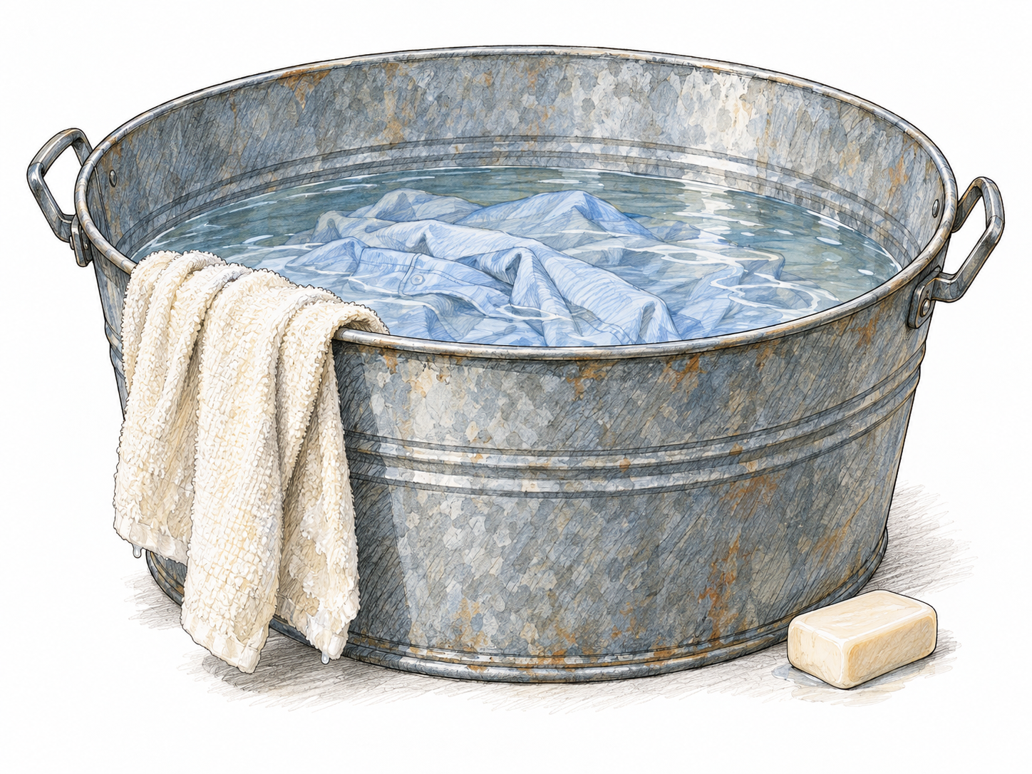 A large oval galvanized wash tub, open at the top and partly filled with water, with laundry soaking inside and a wet towel draped over its rim.