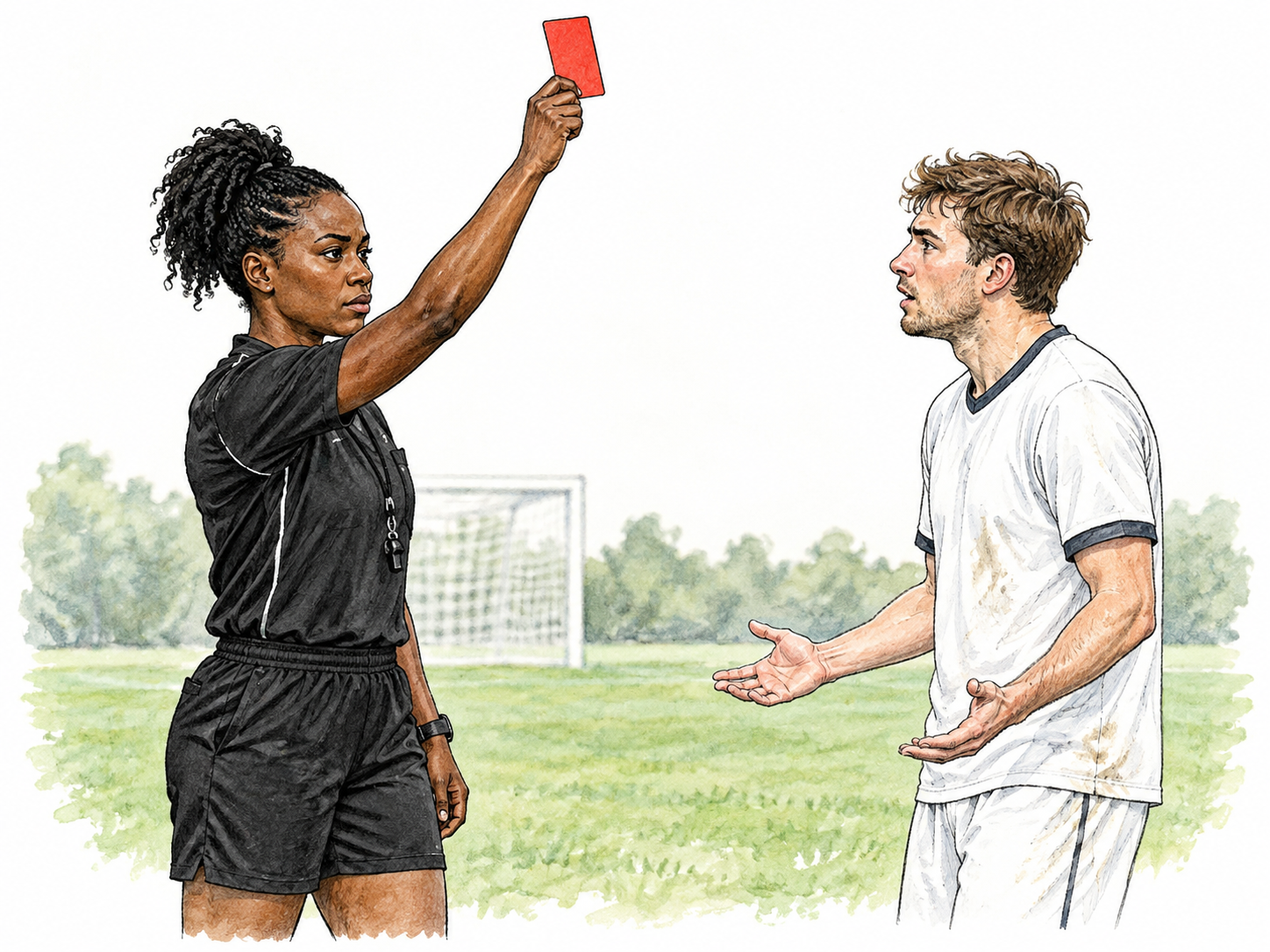 Sports referee issues a red card to a player after a rule violation; card clear, calm firm authoritative gesture, player stops; no jerseys text or scoreboard.